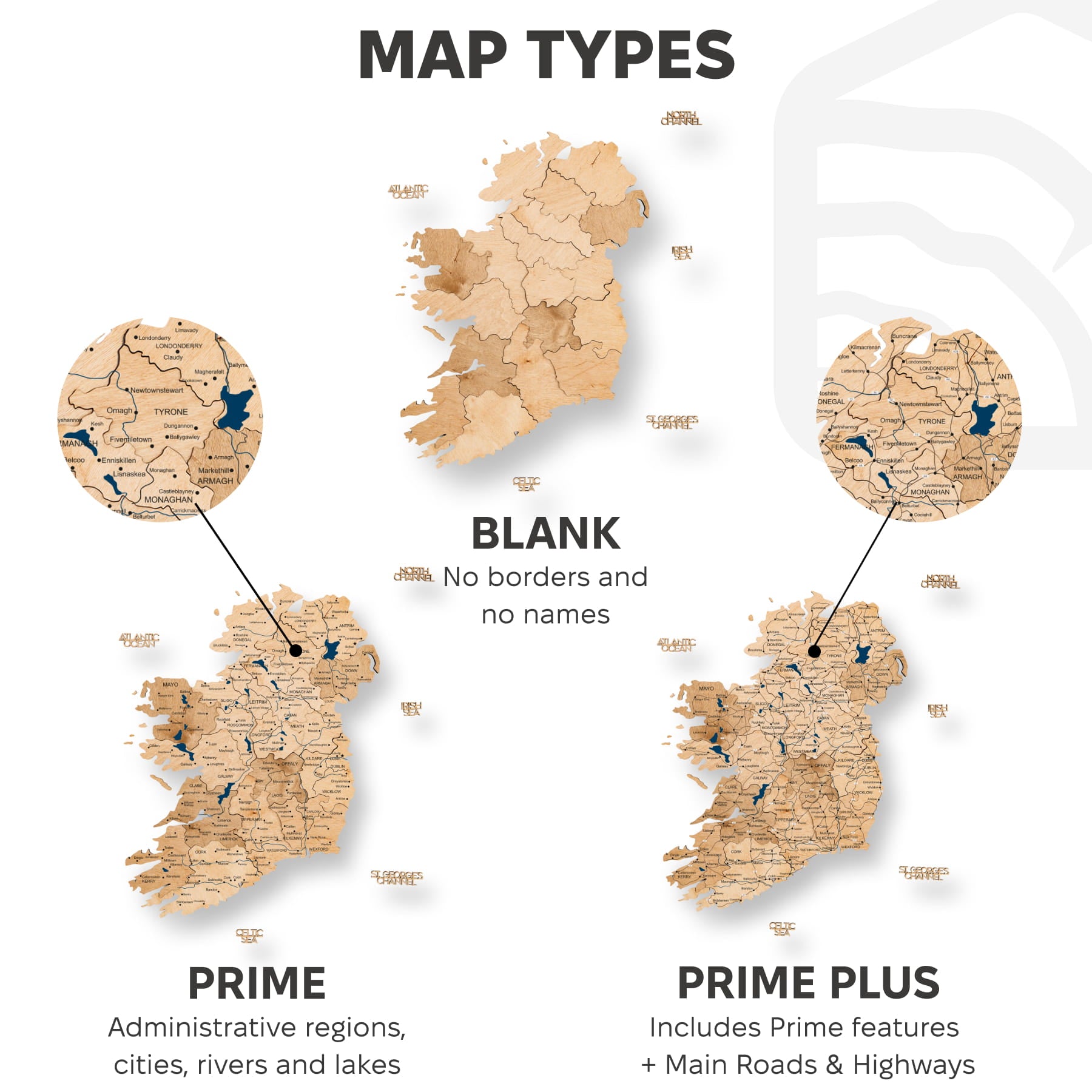 Comparison of map types with labels on a white background