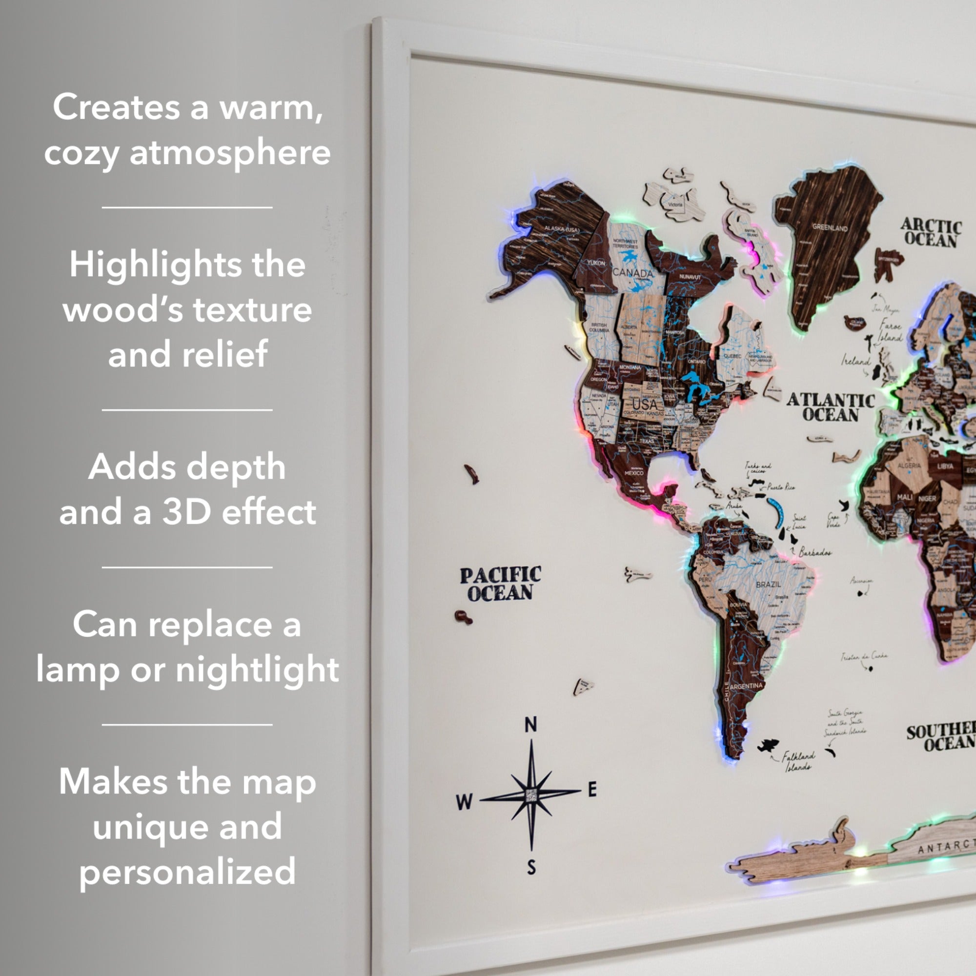 World map with LED lights on a white wall, text describing benefits.