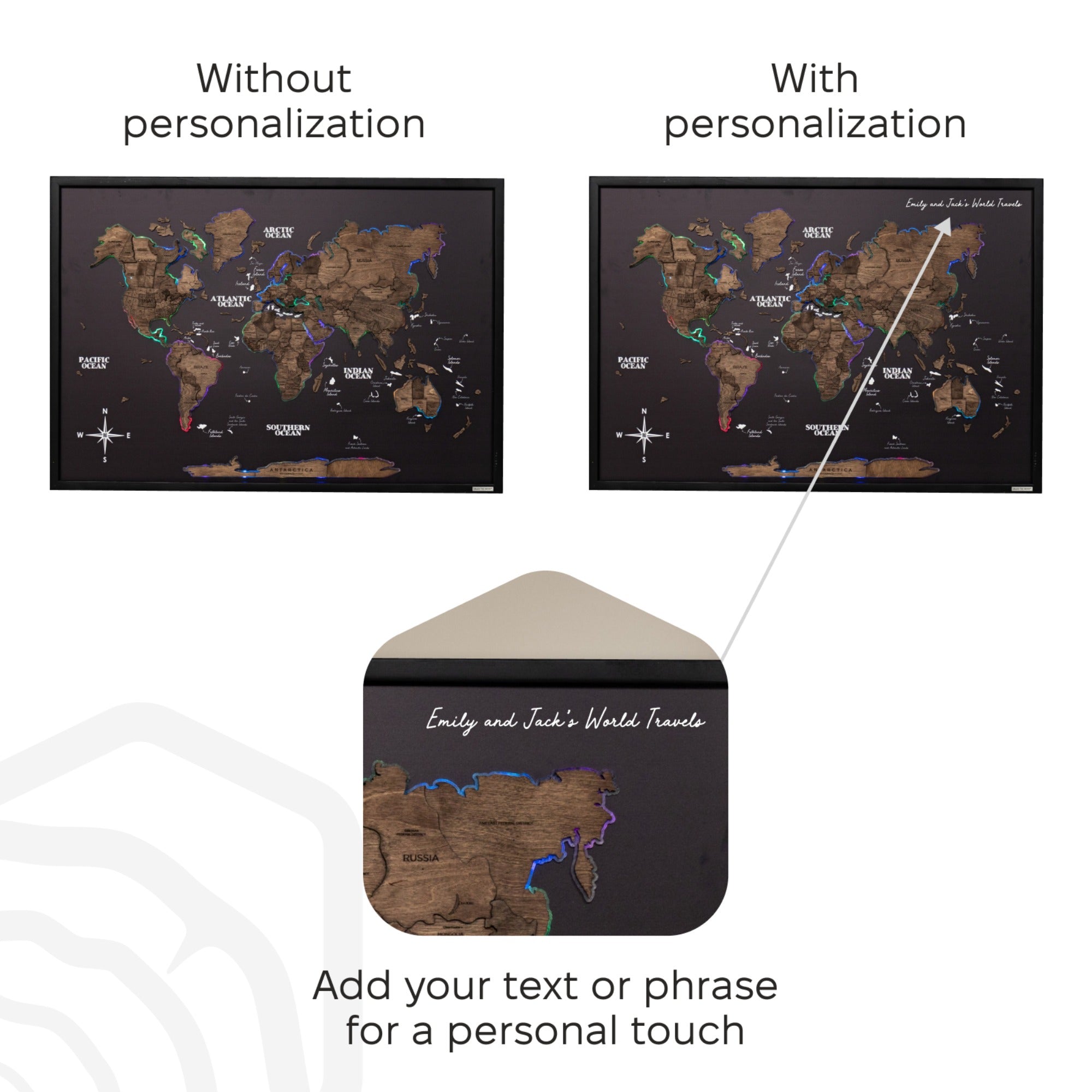 World map with and without personalization text, showing a personalized version.