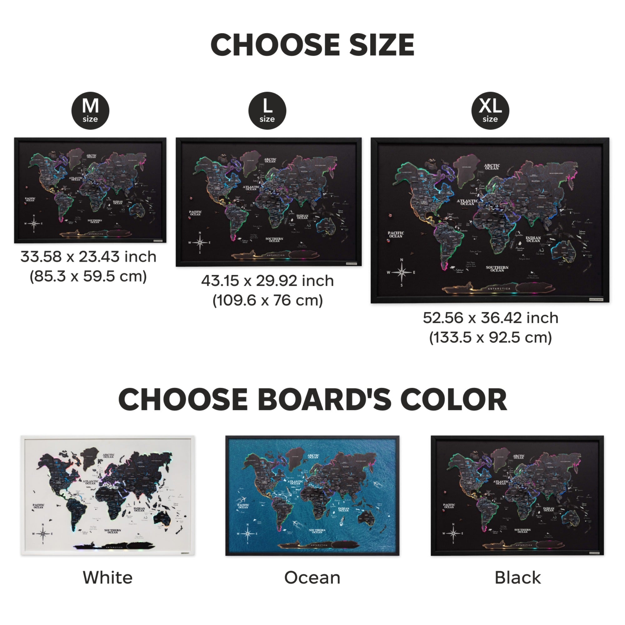 World map scratch board with size and color options displayed.