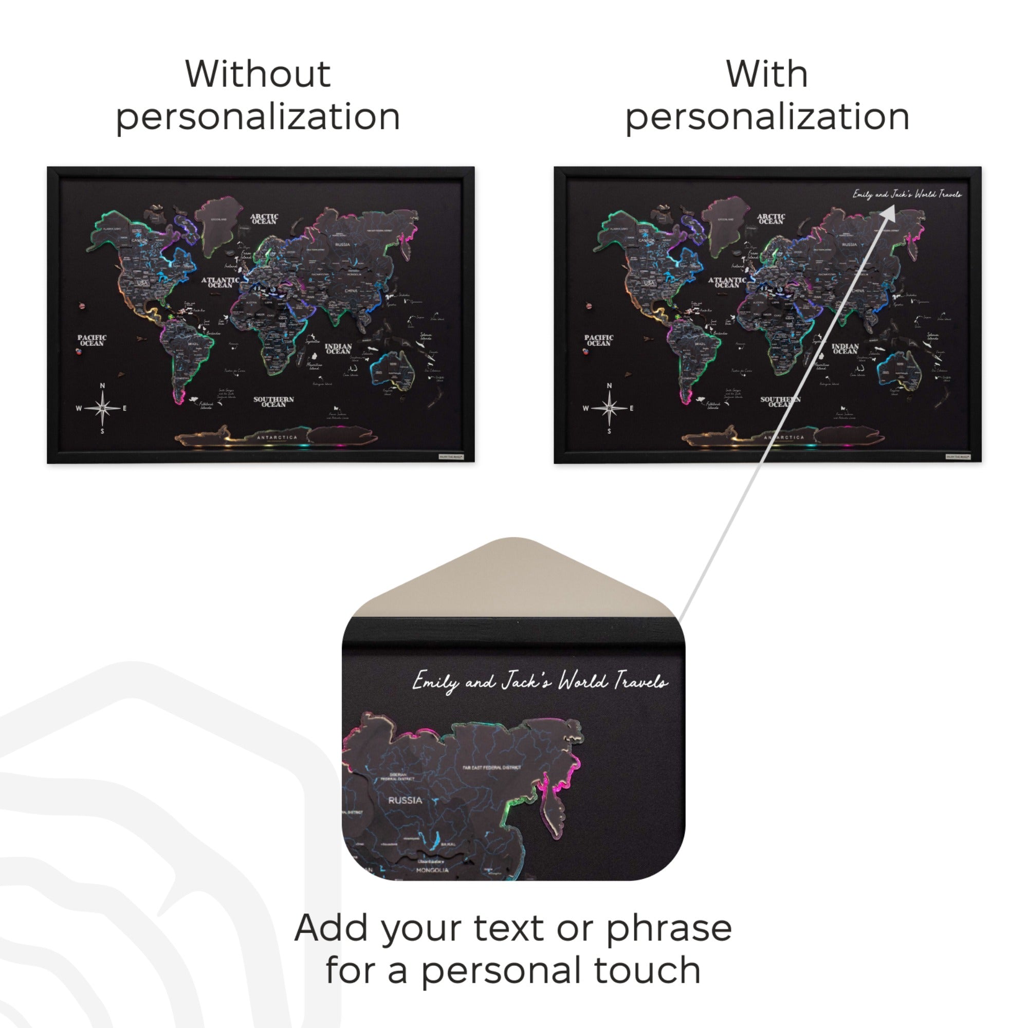 World map with and without personalization text, showing customization option.