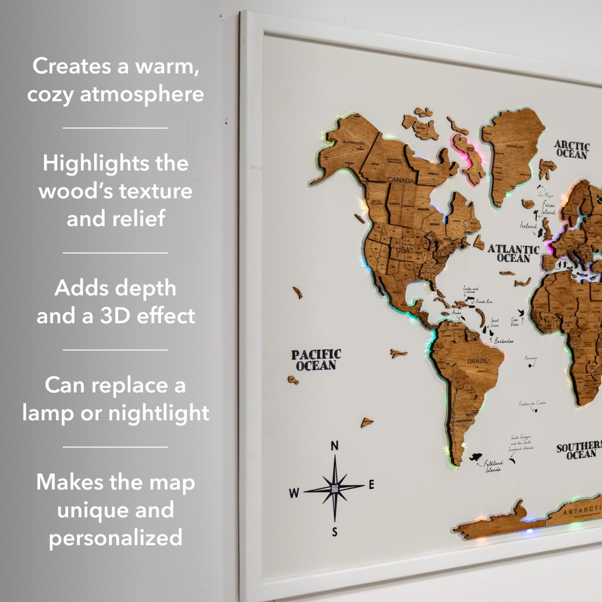 Wooden world map with text describing its features on a light gray background
