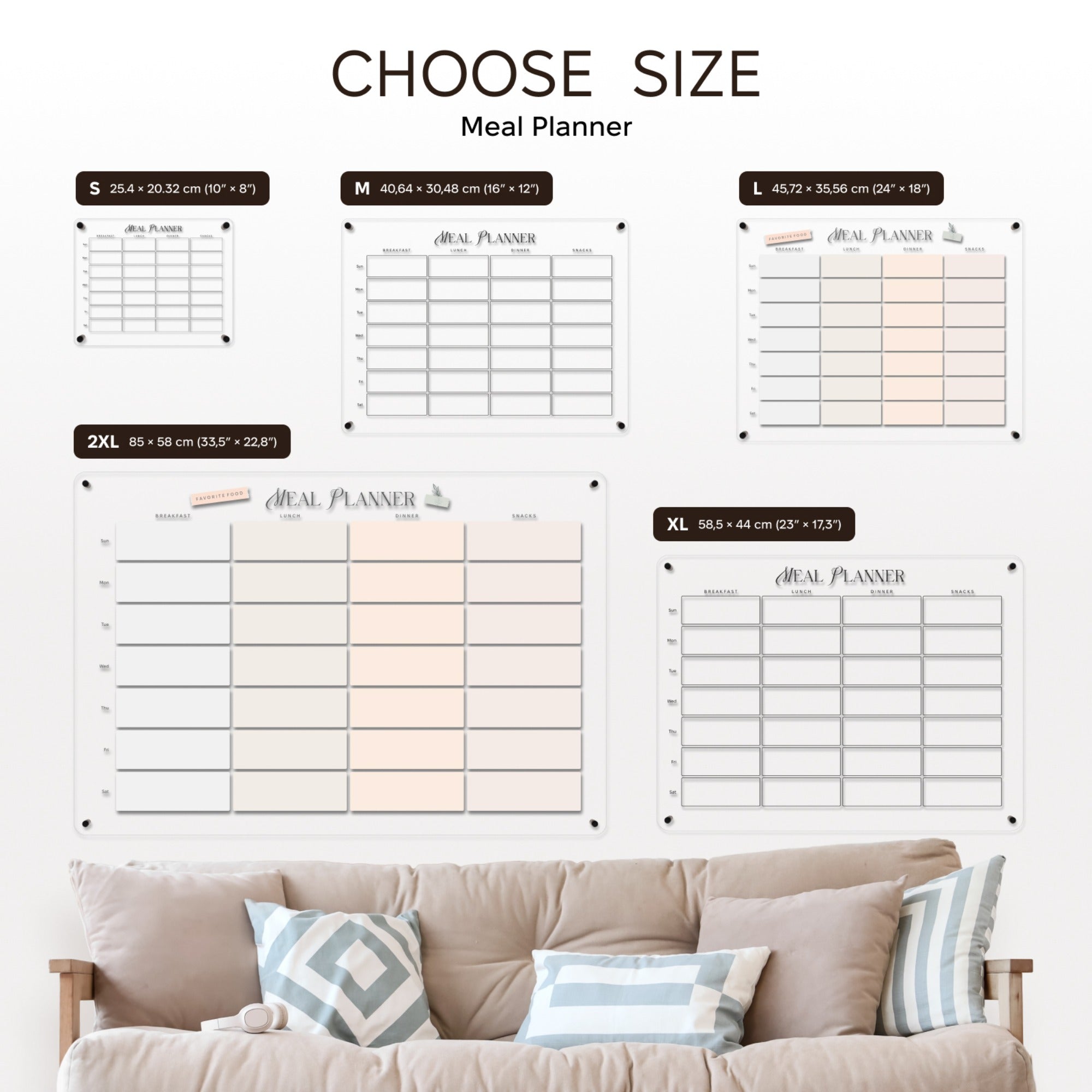 Meal planner with various sizes displayed above a sofa.