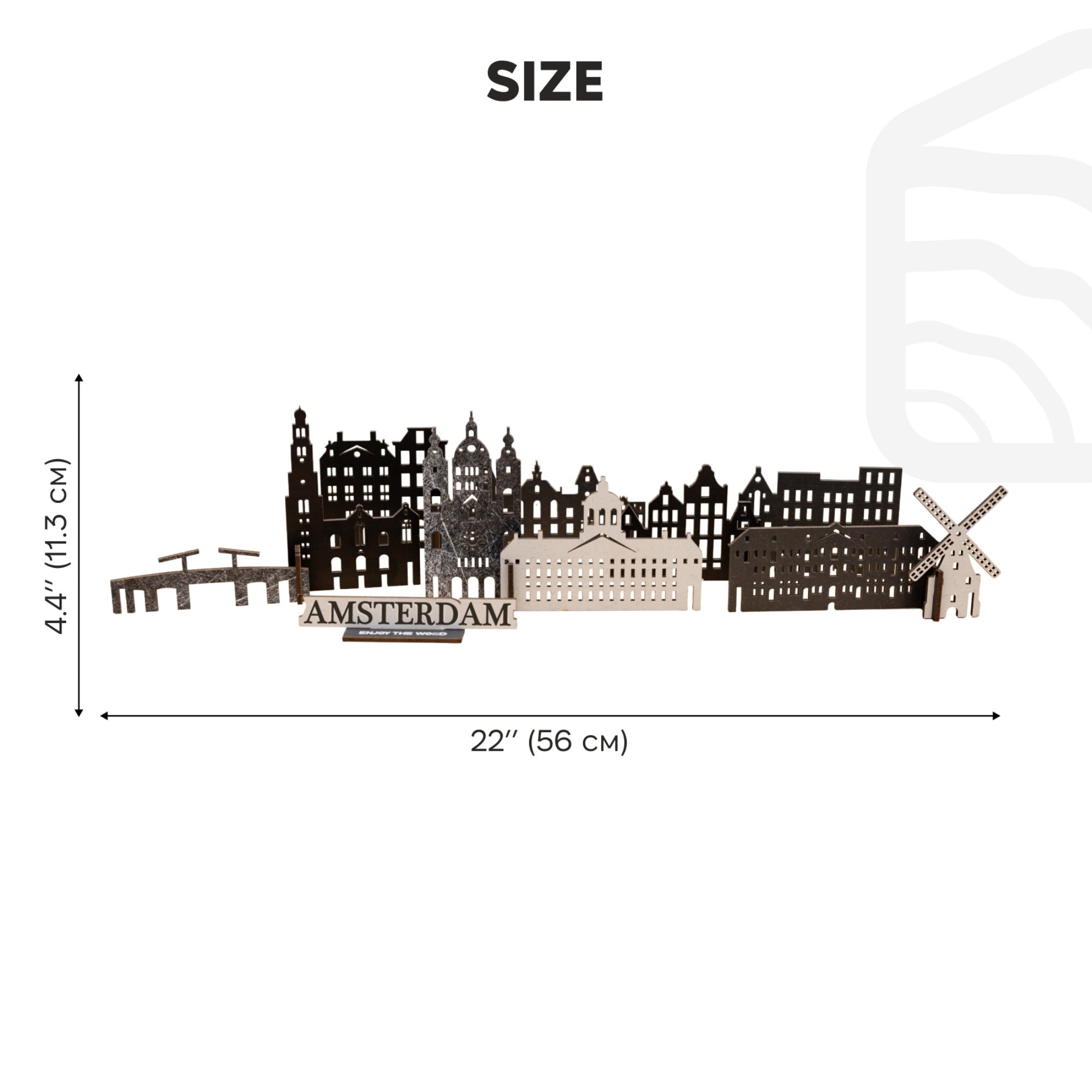 Amsterdam skyline model with dimensions on a white background