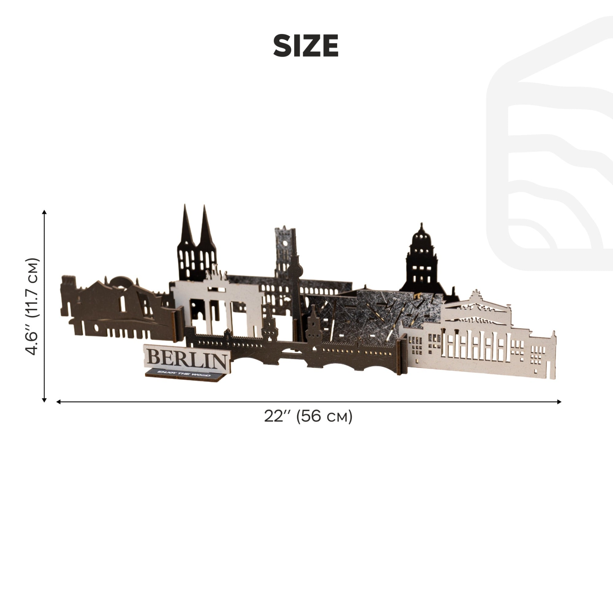 Metallic model of Berlin skyline with dimensions on a white background
