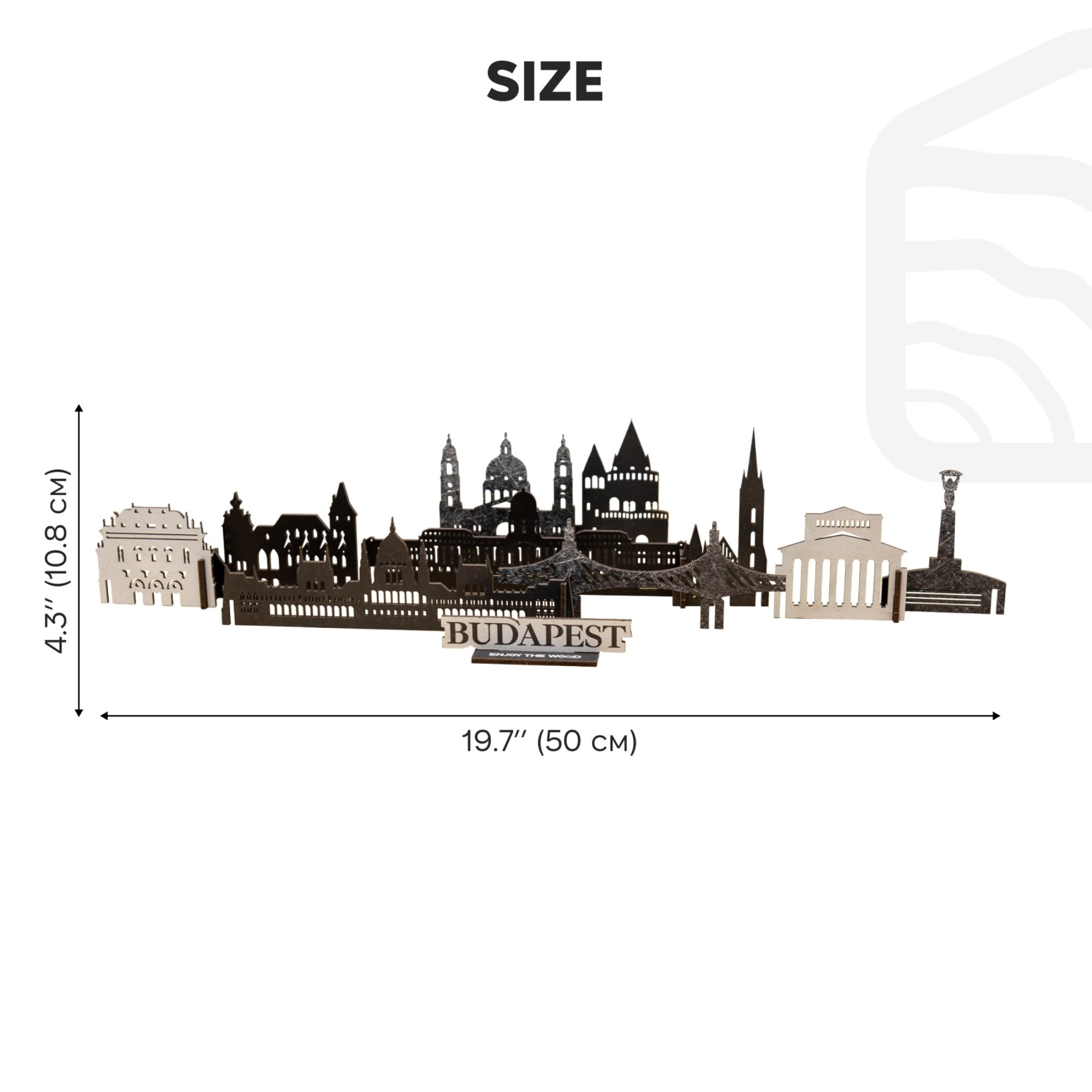 Metallic Budapest skyline wall art with dimensions on a white background