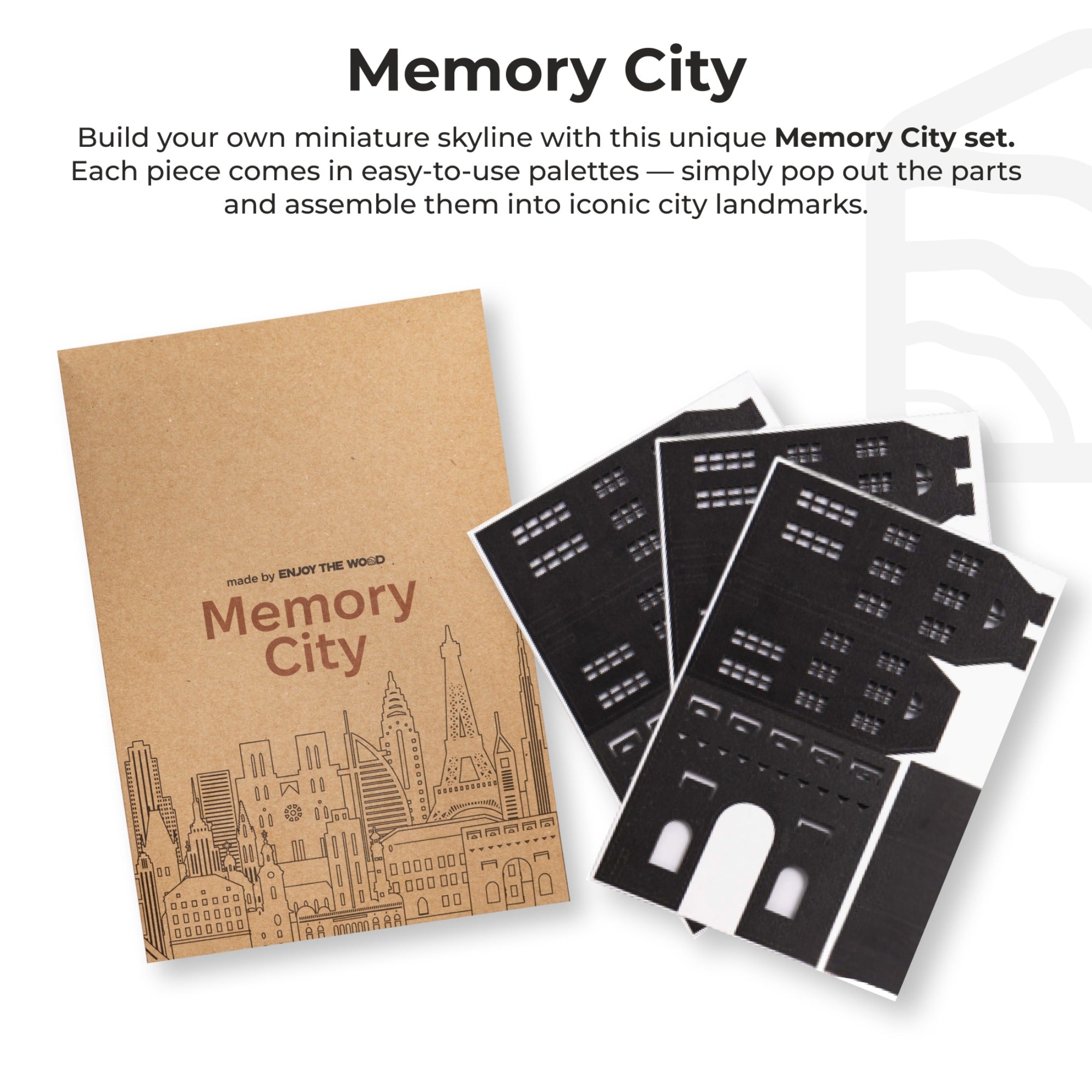 Memory City packaging with building templates on a white background