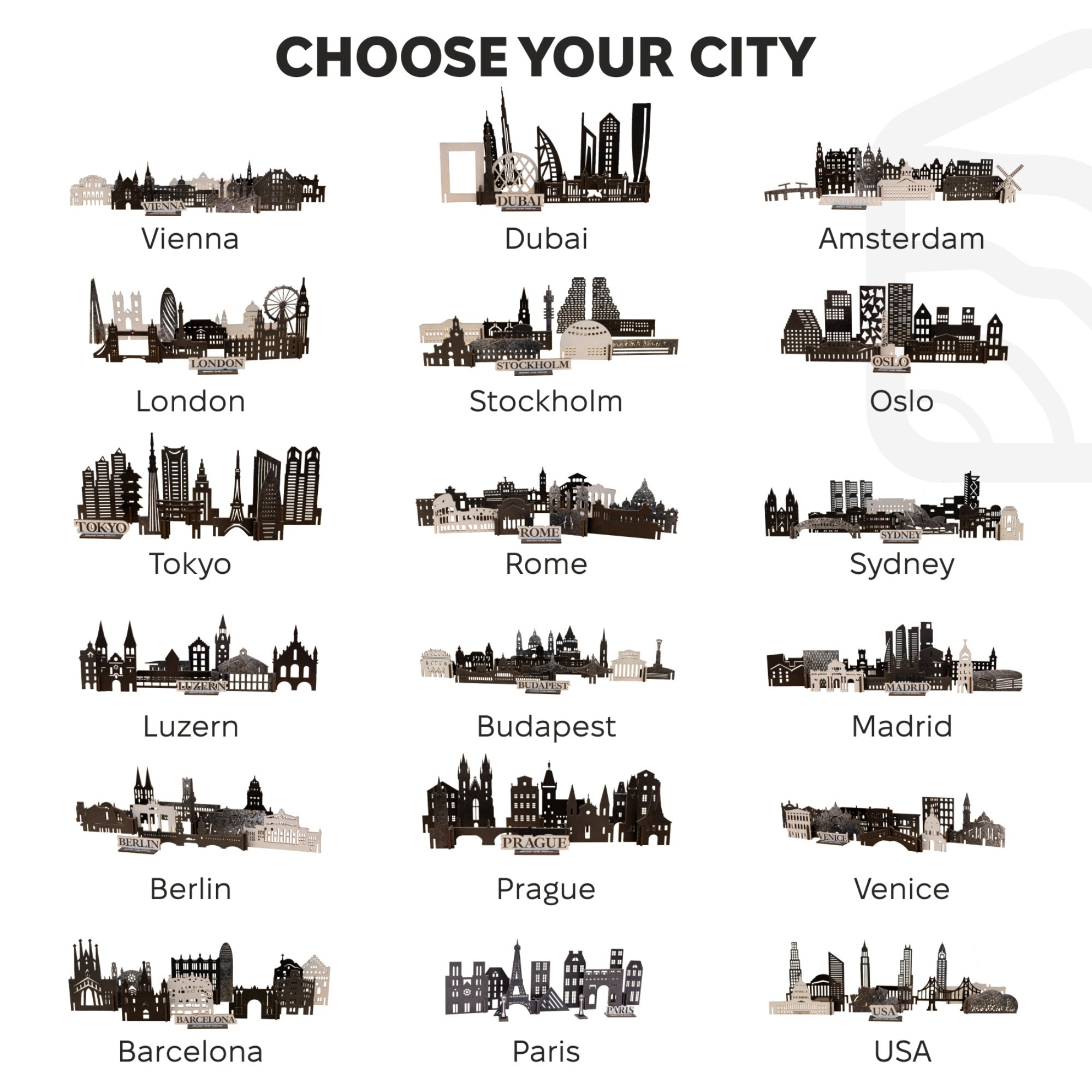 Set of city skylines with labels for various cities on a white background
