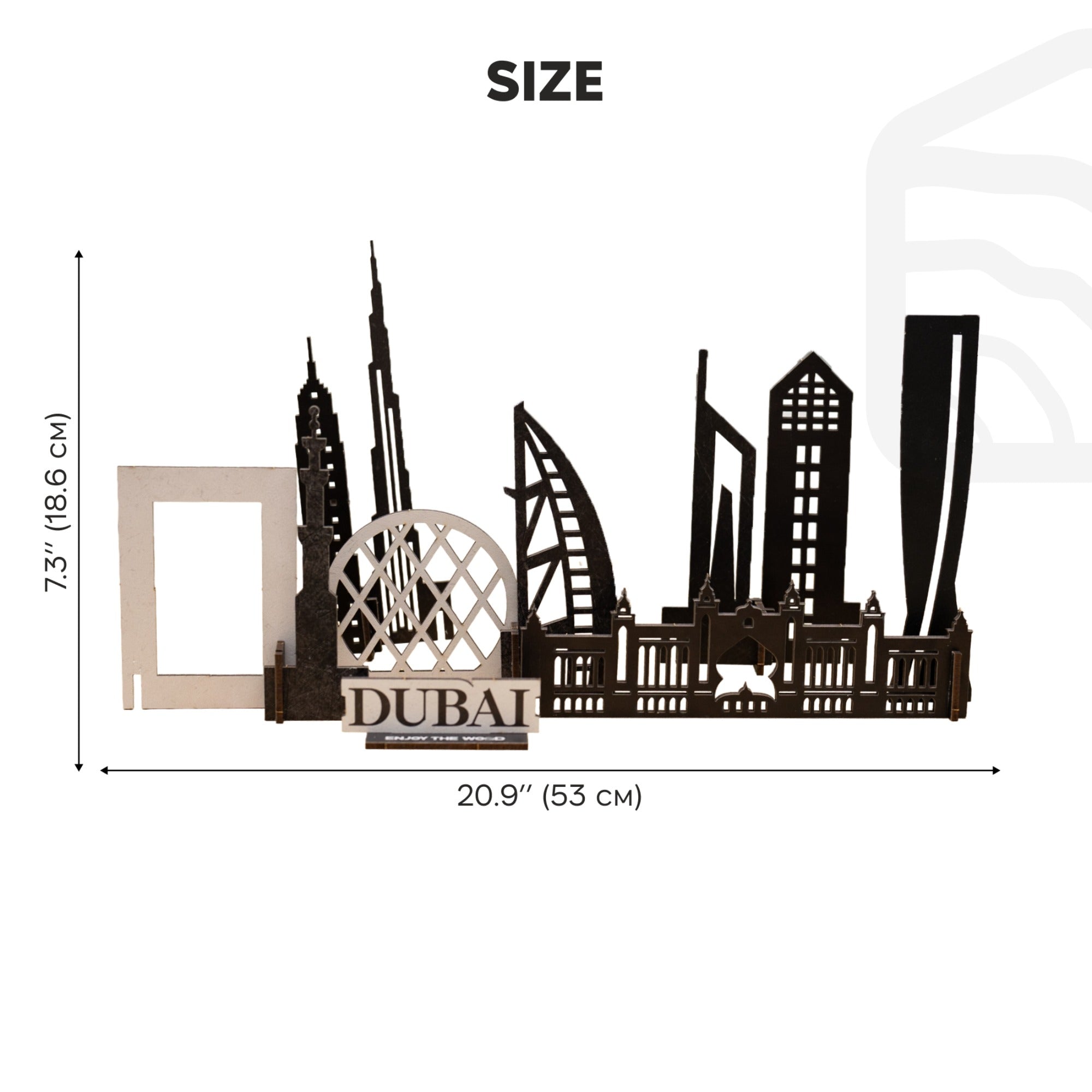 Metal wall art of Dubai skyline with dimensions on a white background