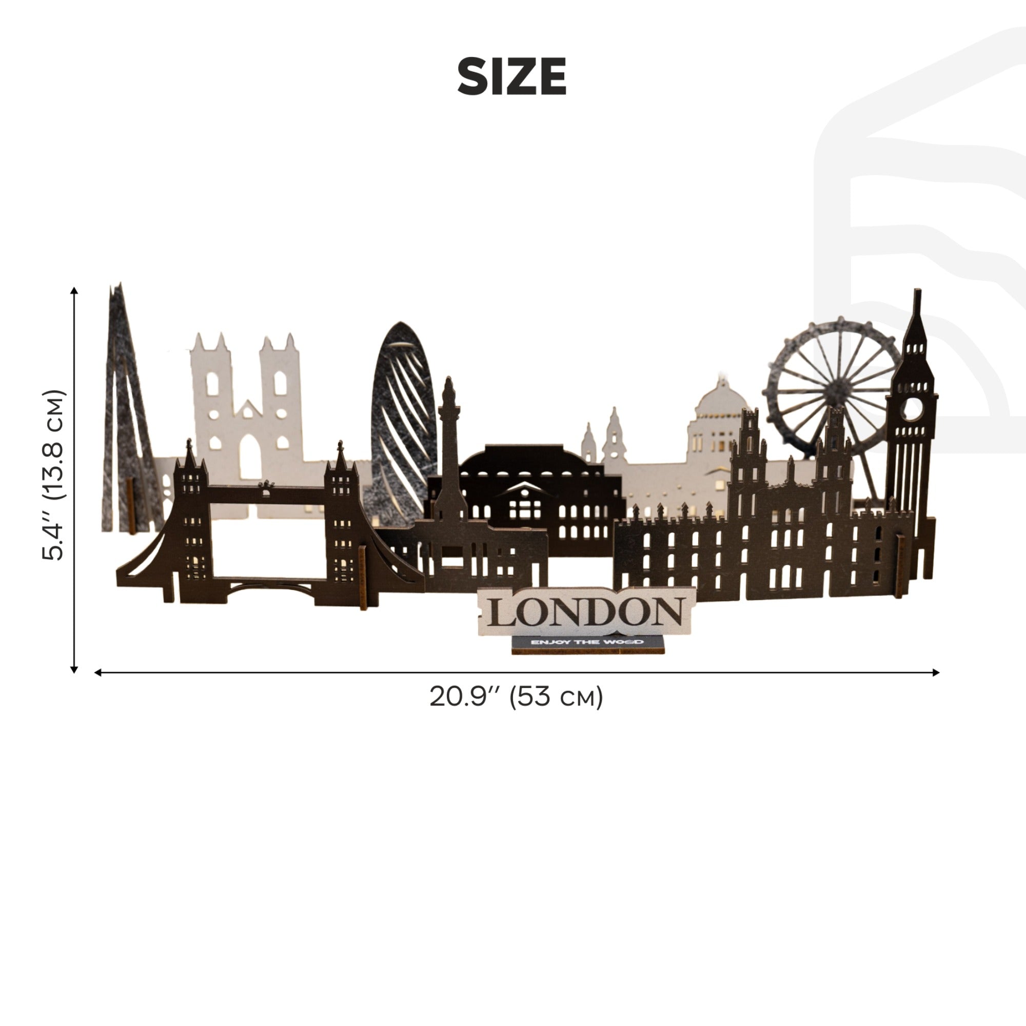 Metal wall art of London skyline with dimensions on a white background