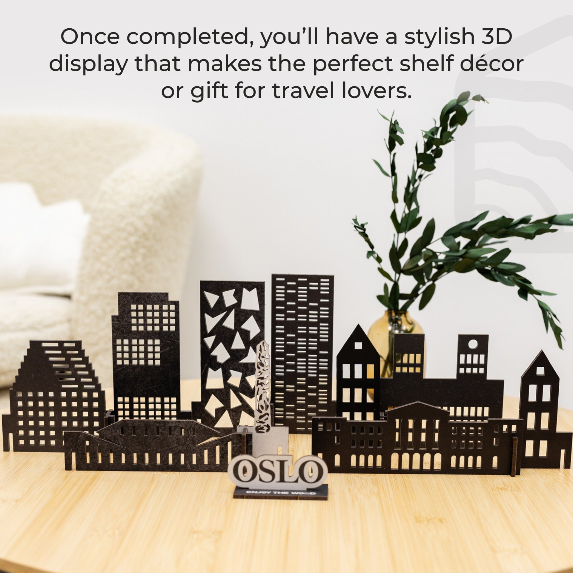 3D cityscape display with 'OSLO' sign on a wooden surface, text about stylish 3D display.