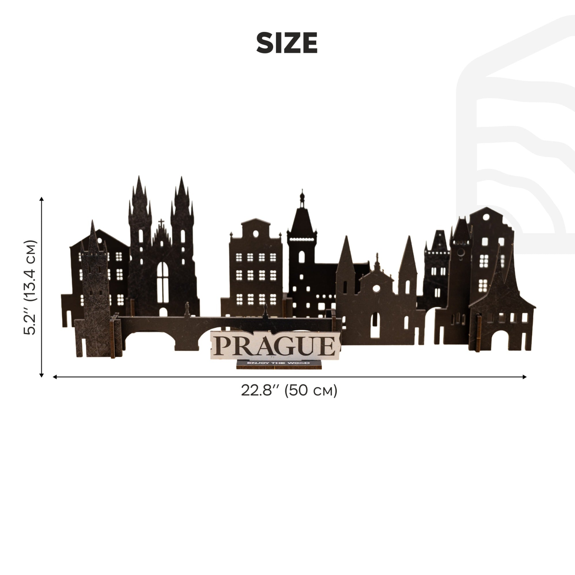 Silhouette of Prague with dimensions on a white background