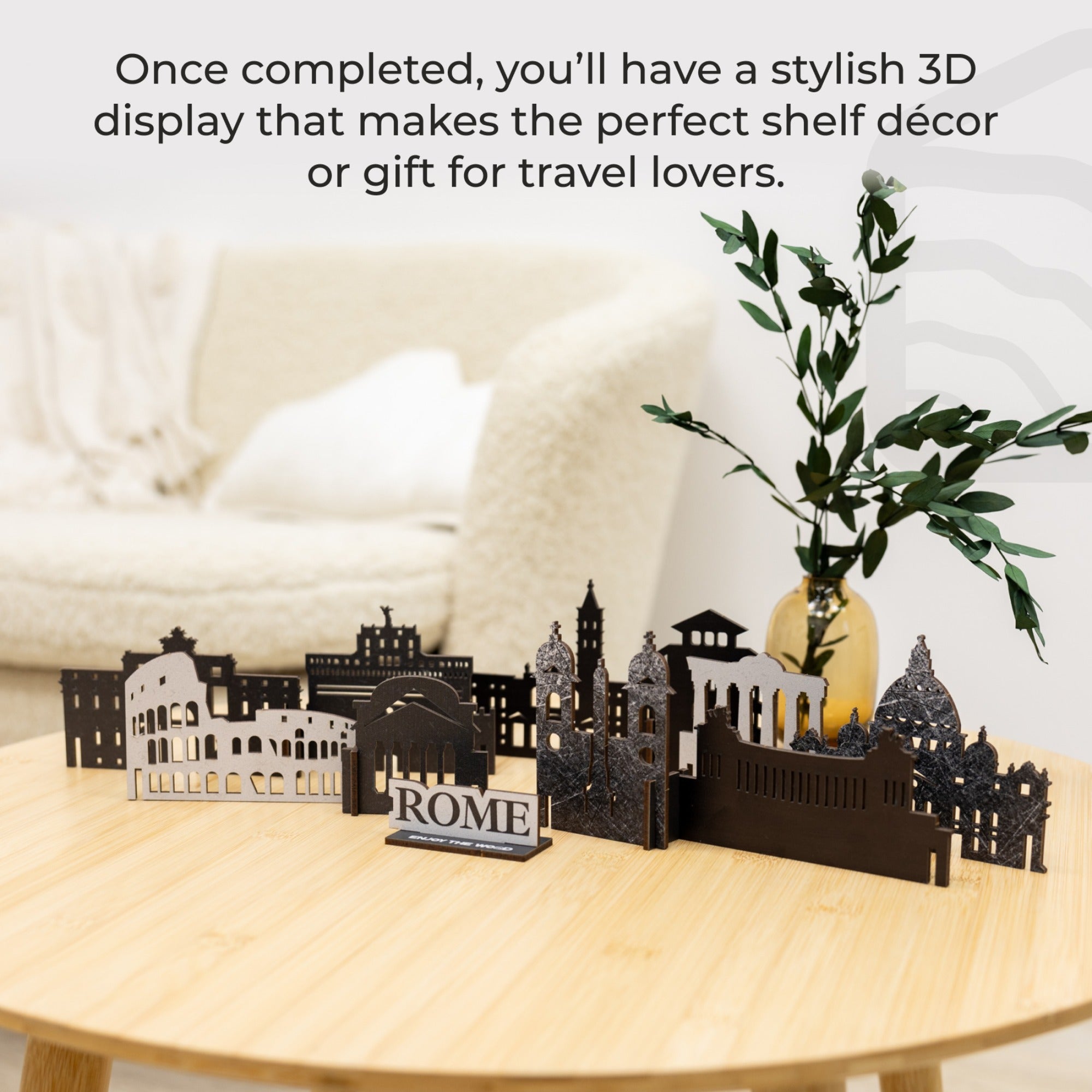 3D metal model of Roman landmarks on a table with text about its use as decor or gift for travel lovers.