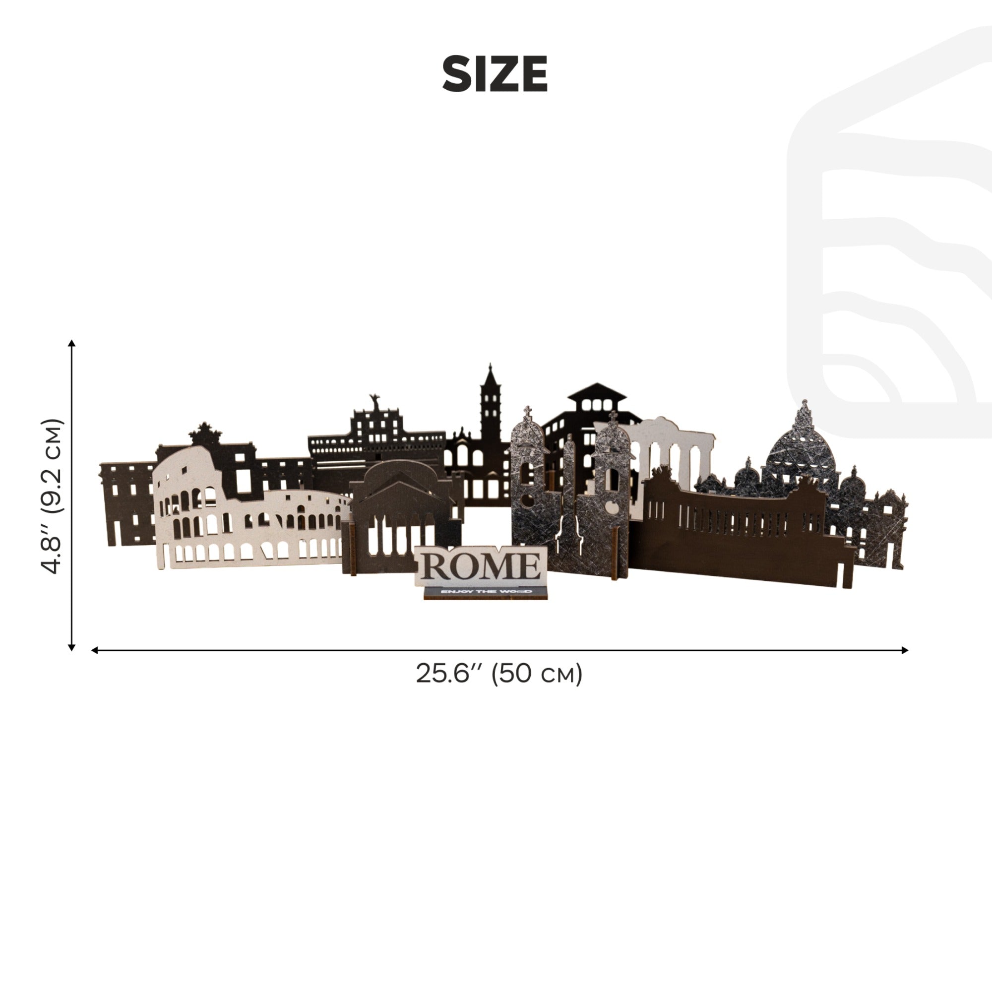 Rome skyline cutout with dimensions on a white background