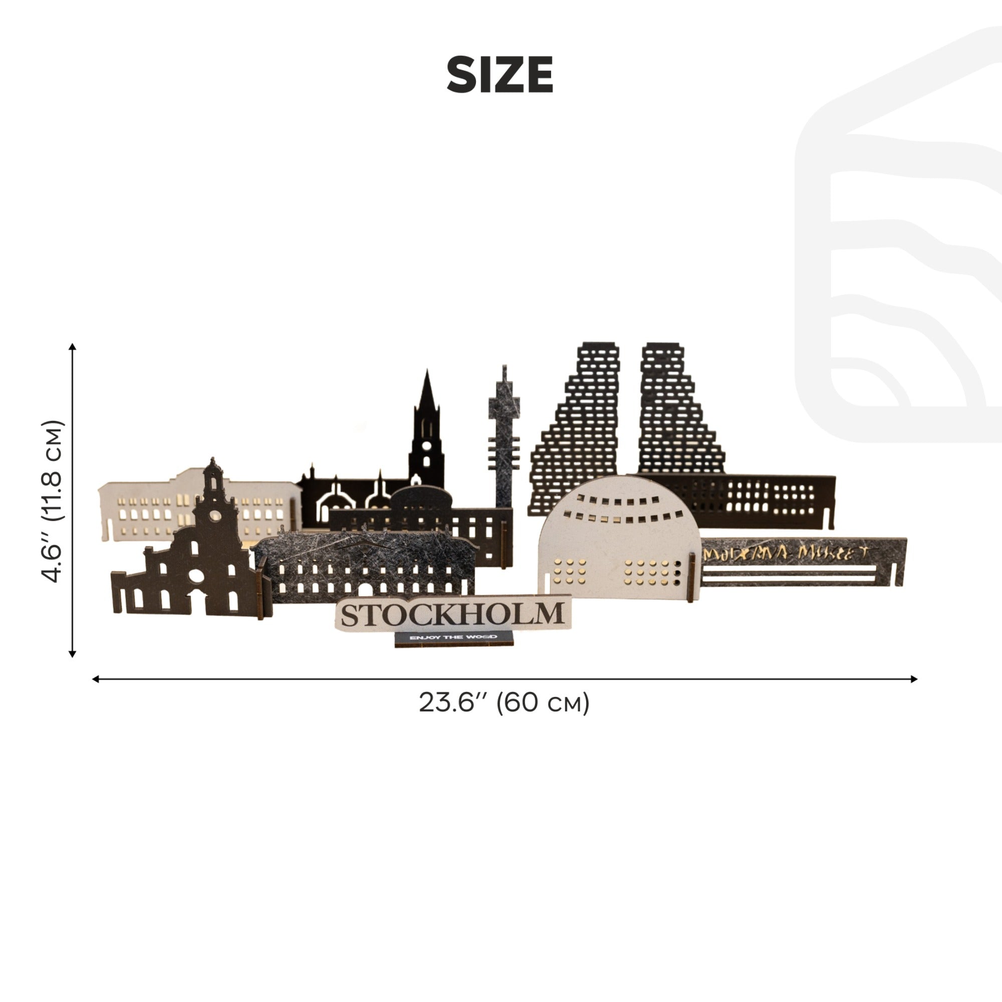 Model of Stockholm skyline with dimensions on a white background