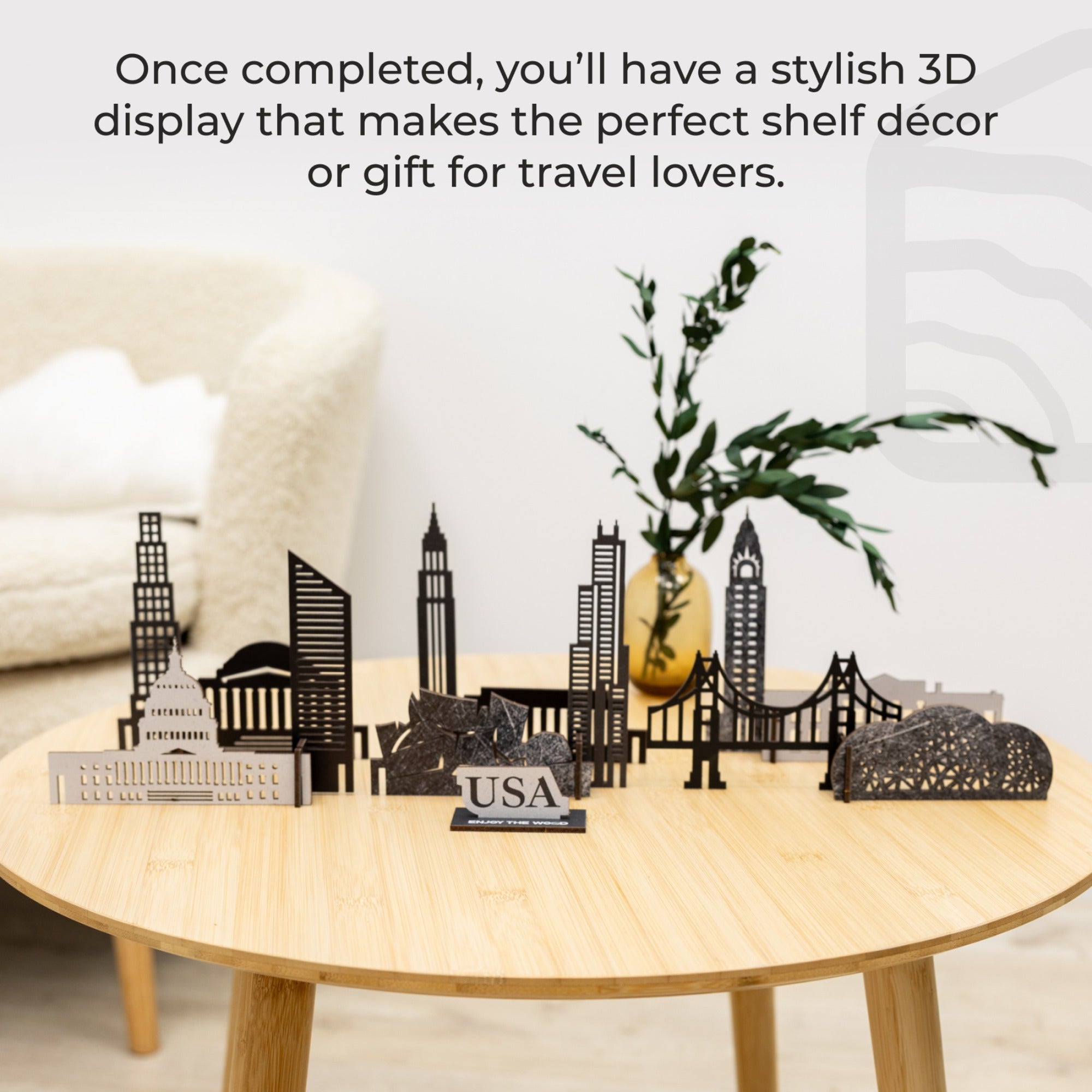3D cityscape display on a table with decorative elements