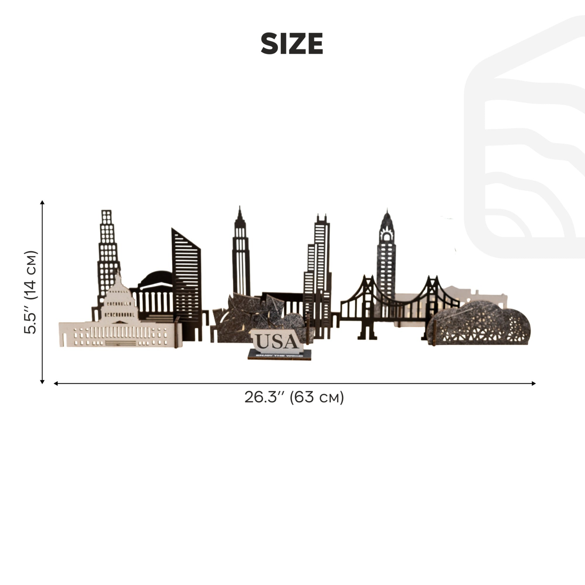 Metal wall art of a city skyline with dimensions labeled on a white background