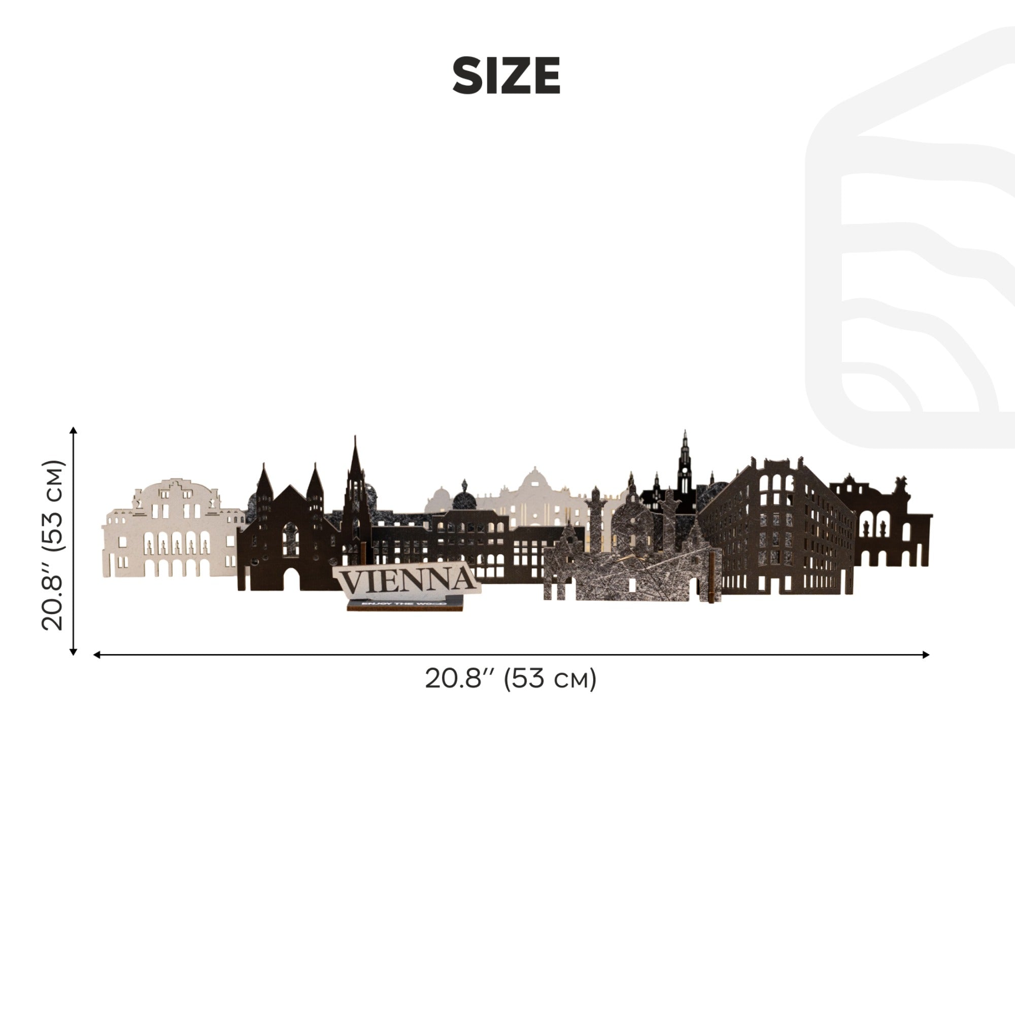 Size chart showing a decorative wall art of Vienna with dimensions on a white background.