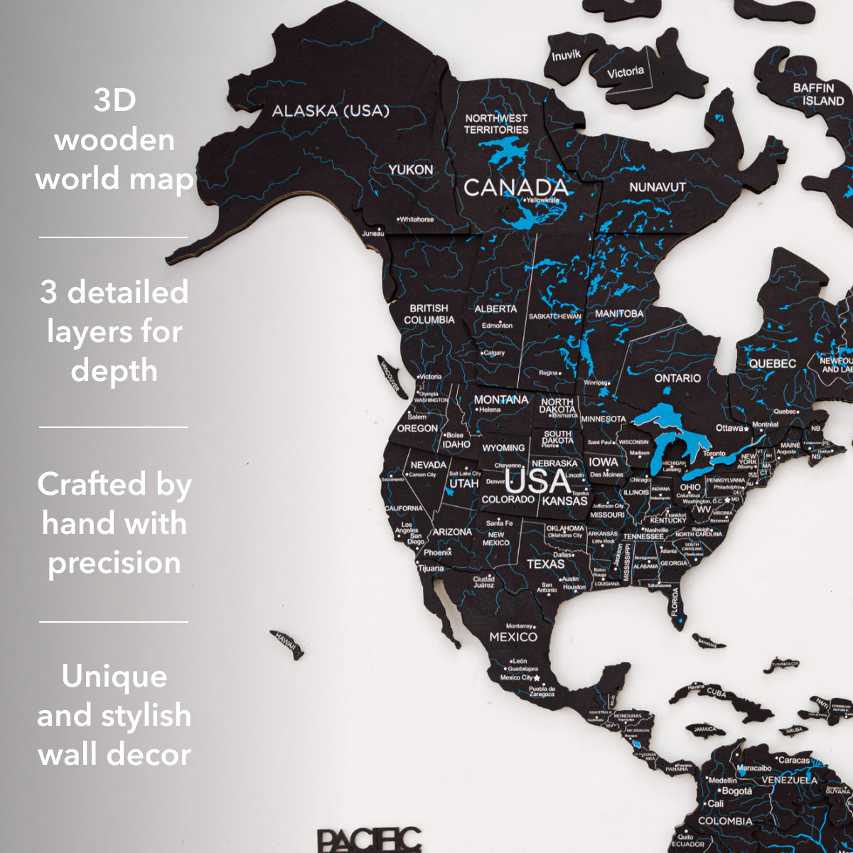 3D wooden world map with detailed layers on a white background