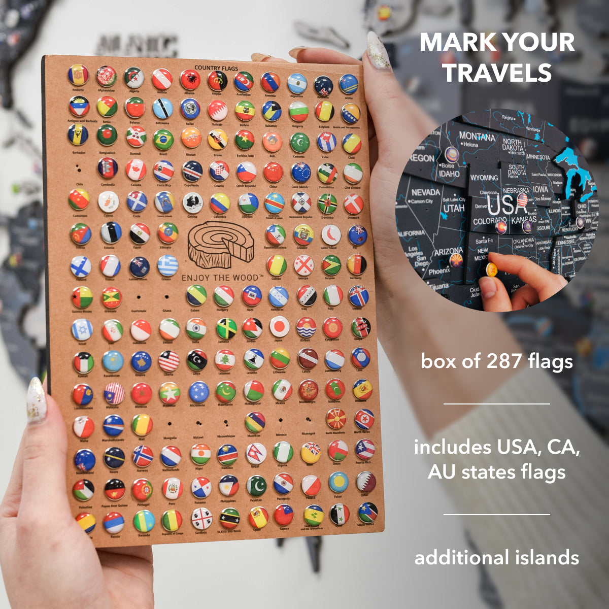 Box of 287 world flags with a focus on USA, CA, AU states flags, held by a person.