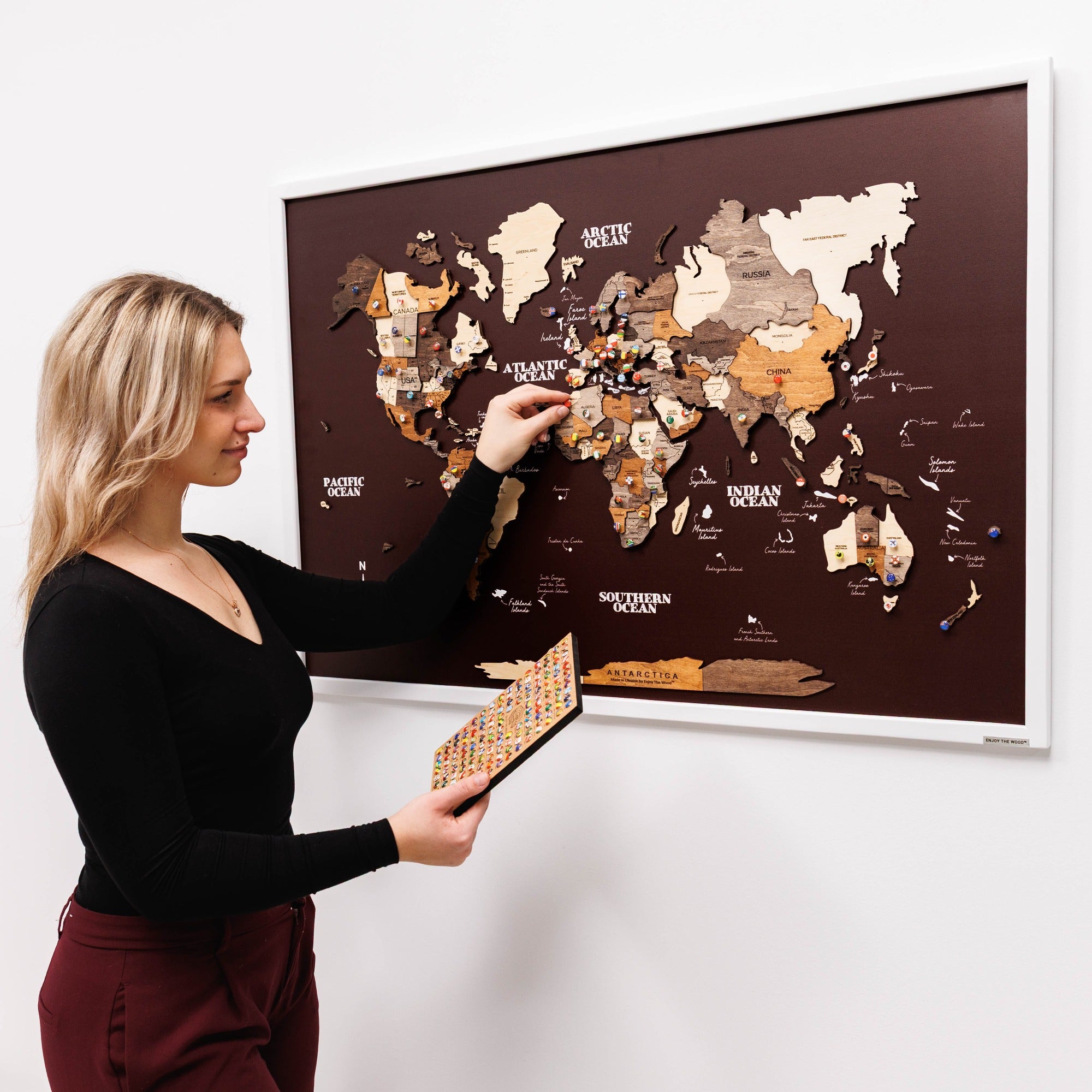 3D Wooden Map on Board Multicolor - Burgundy by Enjoy The Wood