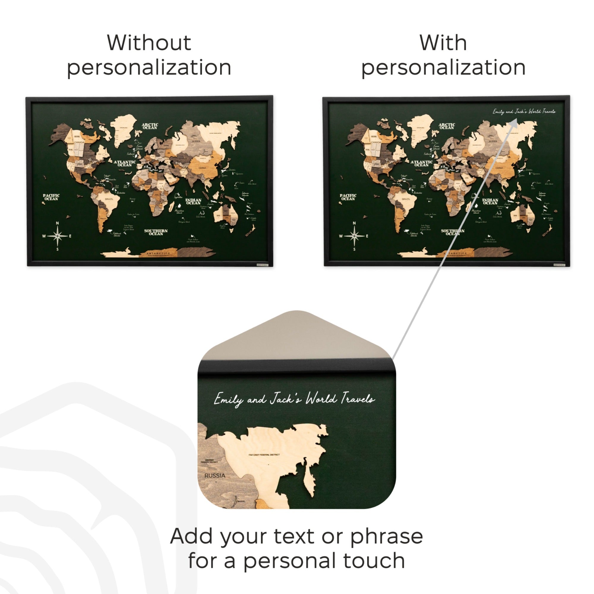 World map with and without personalization text, showing customization option.