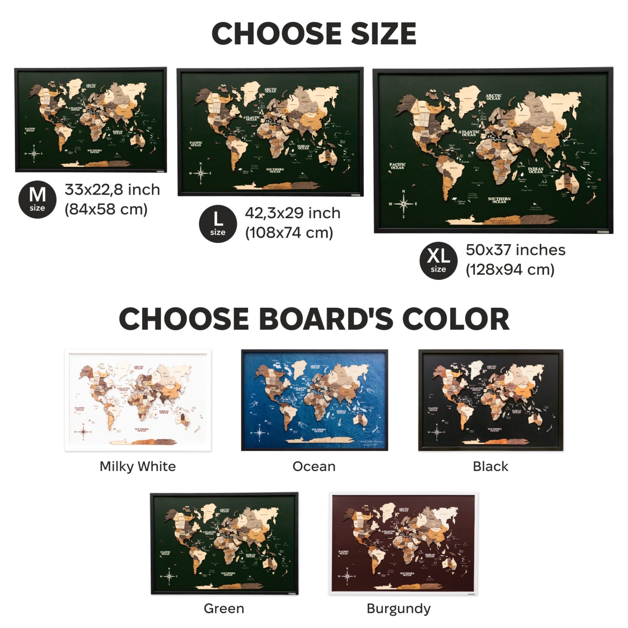 World map board product with size and color options displayed.