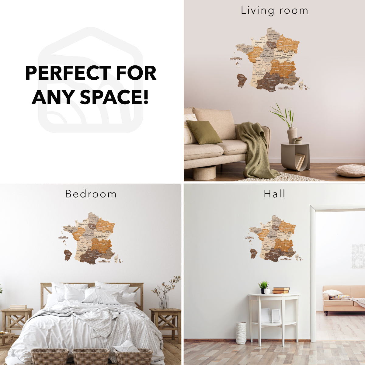Wall decal of a map of France displayed in various rooms with text 'Perfect for any space'.