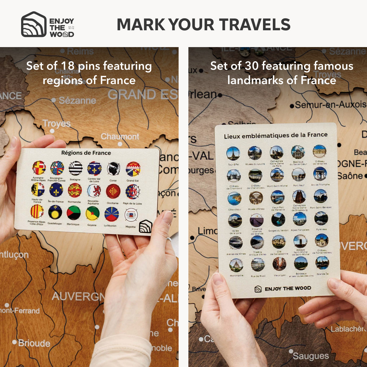 Two sets of travel pins featuring regions and landmarks of France held over a wooden map.