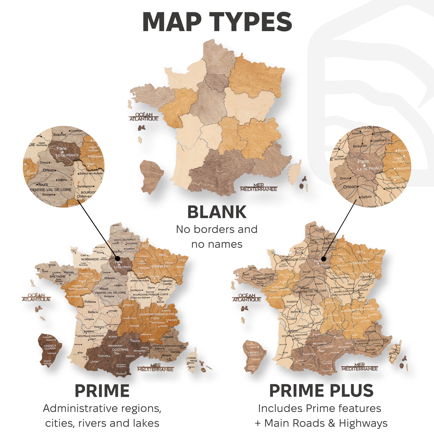 Comparison of map types with labels on a white background