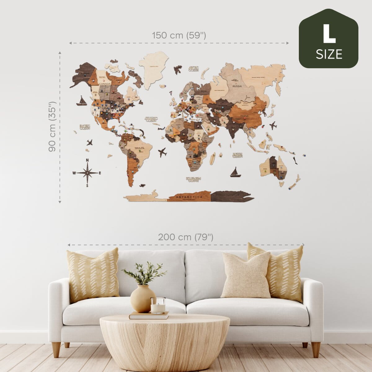 Mapa del mundo de madera 3D Multicolor