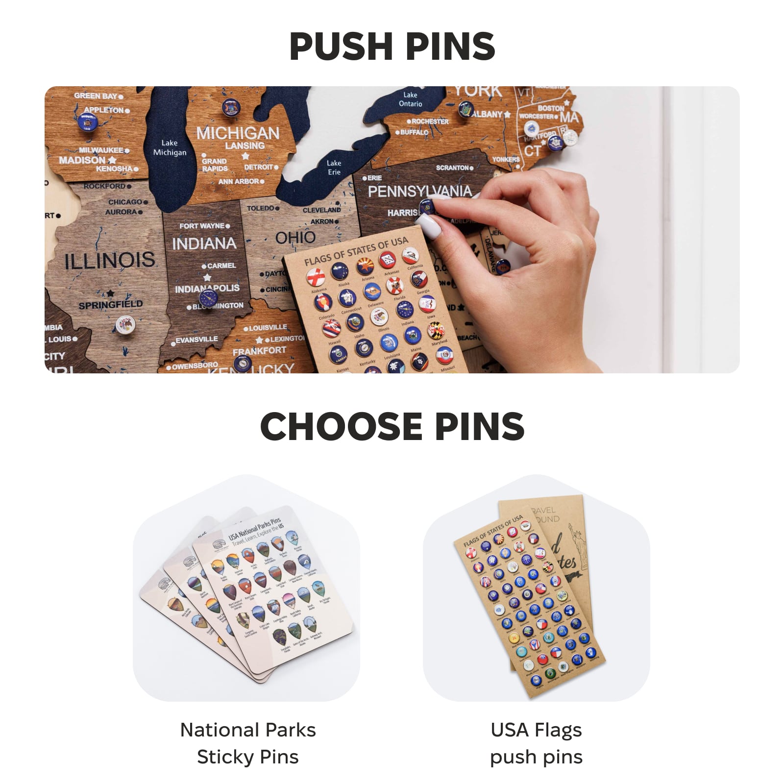 Push pins and sticky pins with a map of the United States in the background.