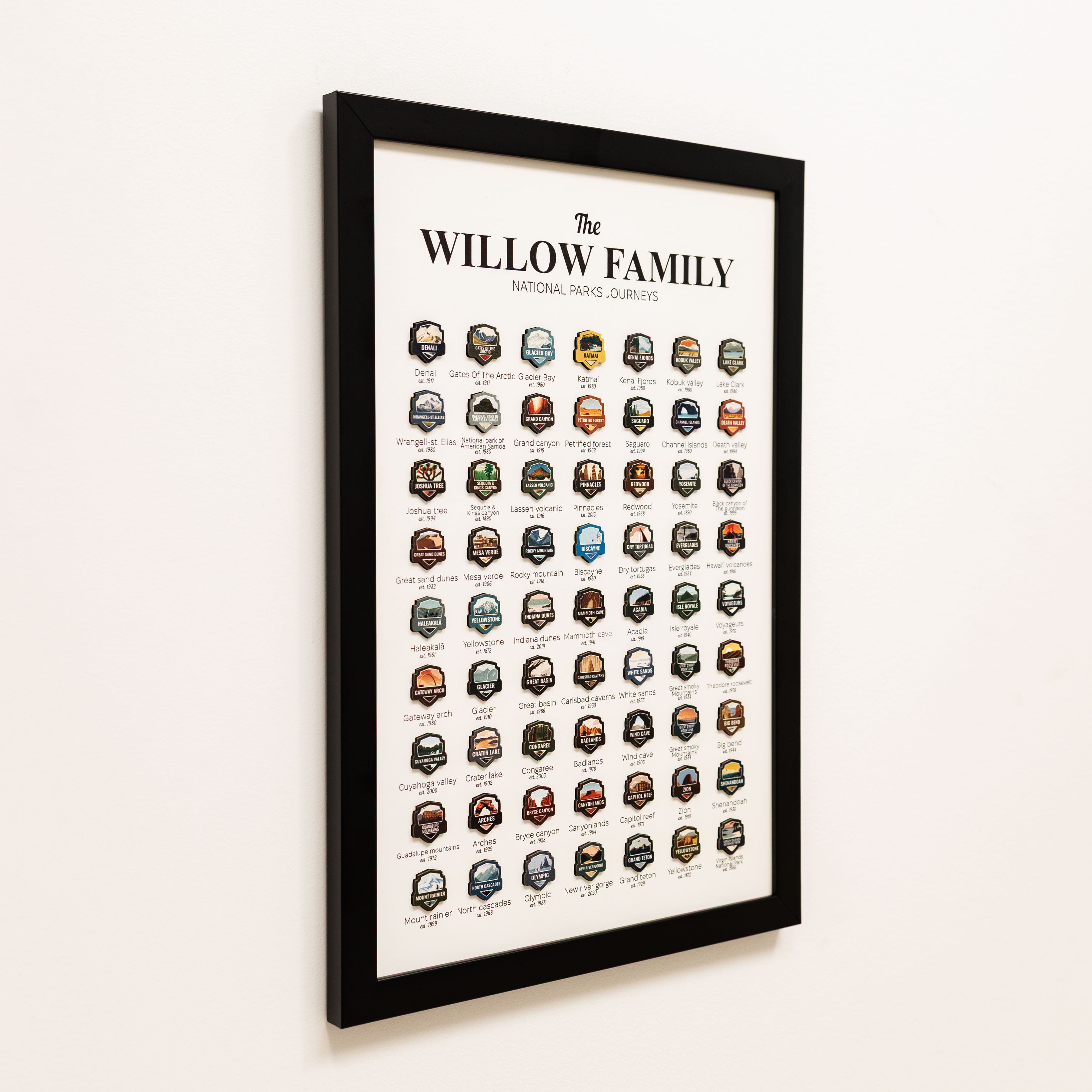 Framed poster with 'The Willow Family' and list of national parks on a white wall.