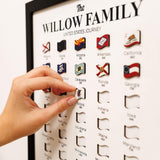Hand interacting with a 'Willow Family' journey map of the United States, featuring state flags.