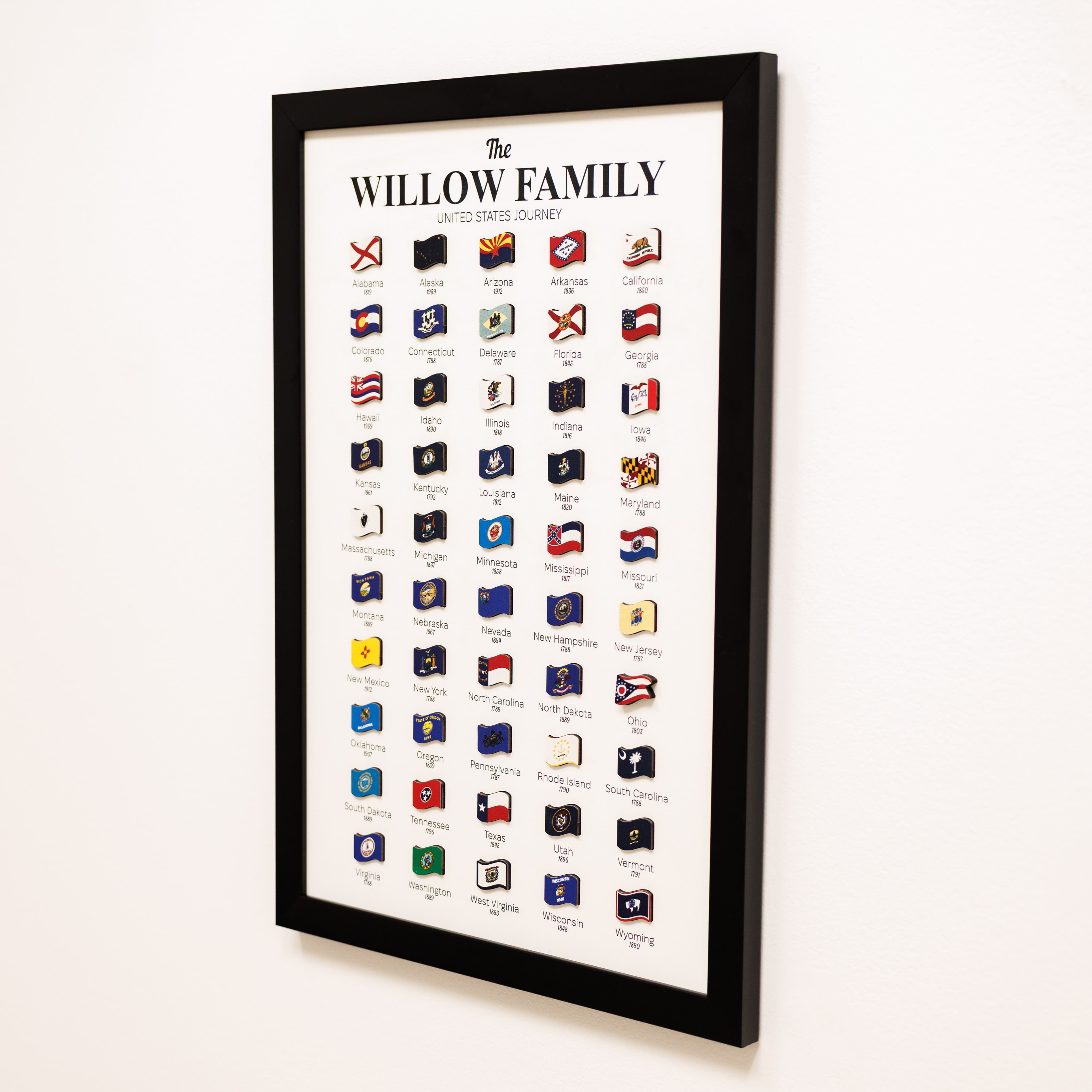 Framed print titled 'The Willow Family' with various flags on a white background