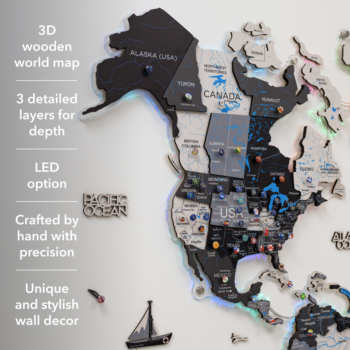 3D wooden world map with LED option on a white background