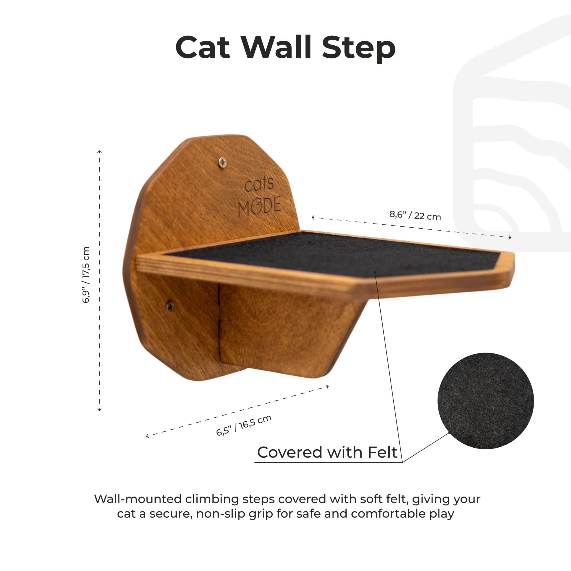 Wooden cat wall step with dimensions and soft felt covering on a white background