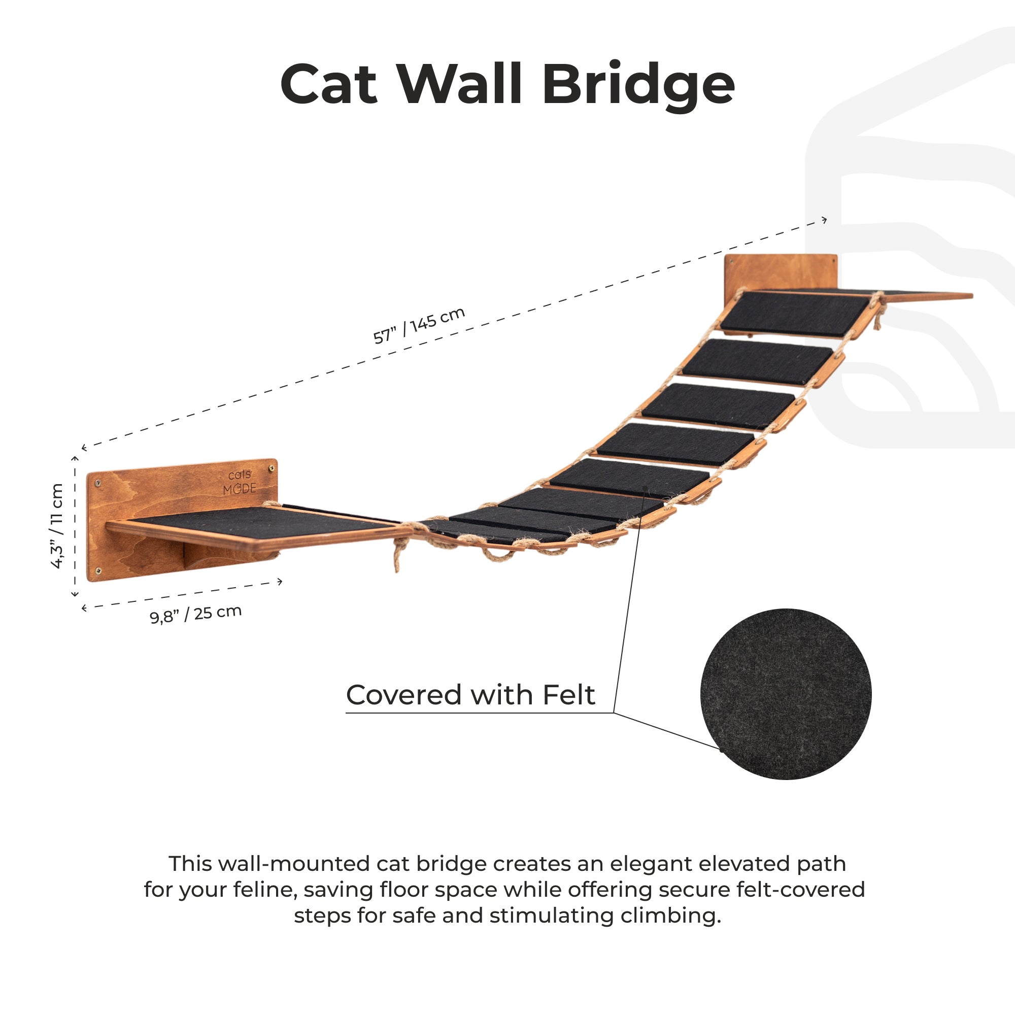 Cat wall bridge with dimensions and felt-covered steps on a white background