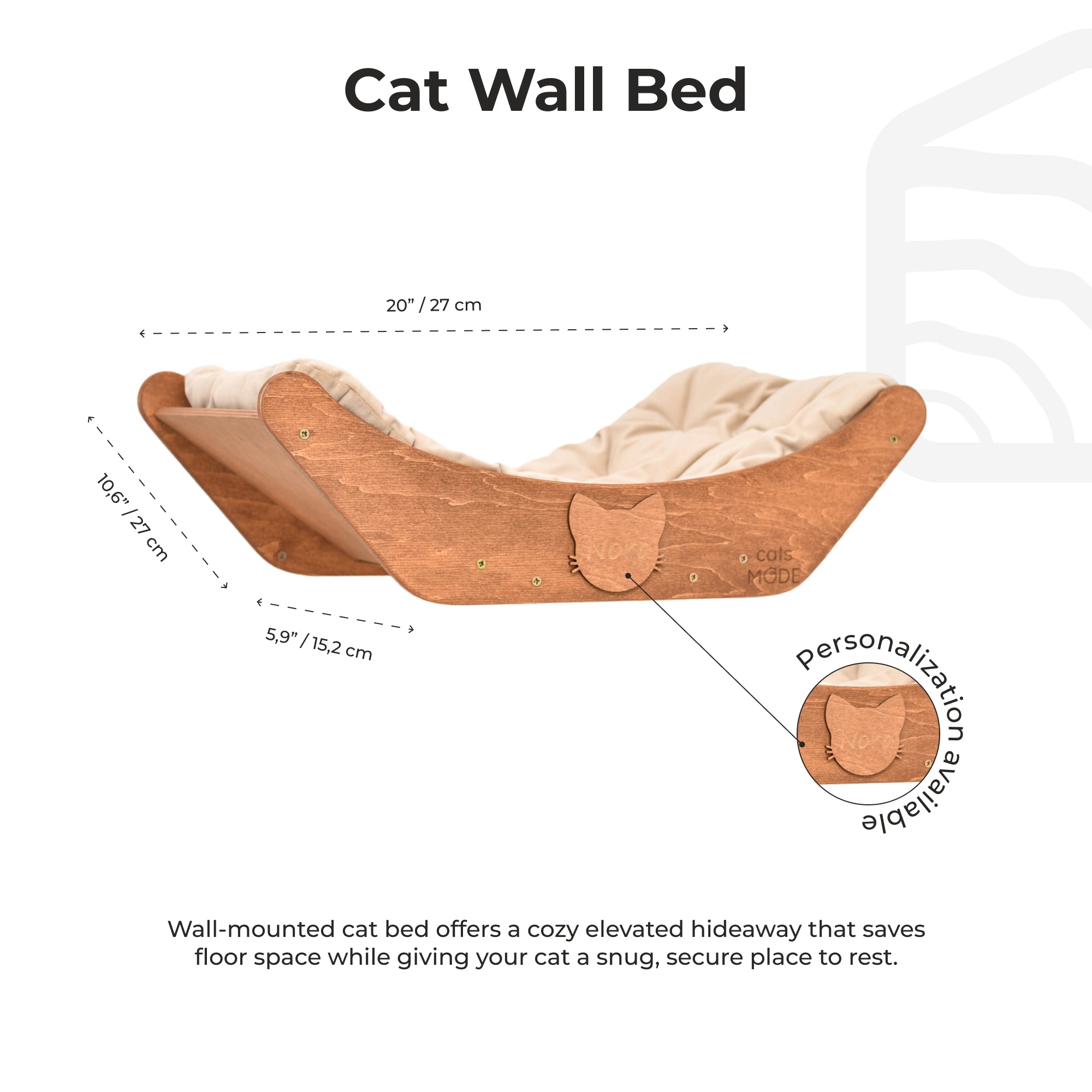 Cat wall bed with dimensions and features on a white background