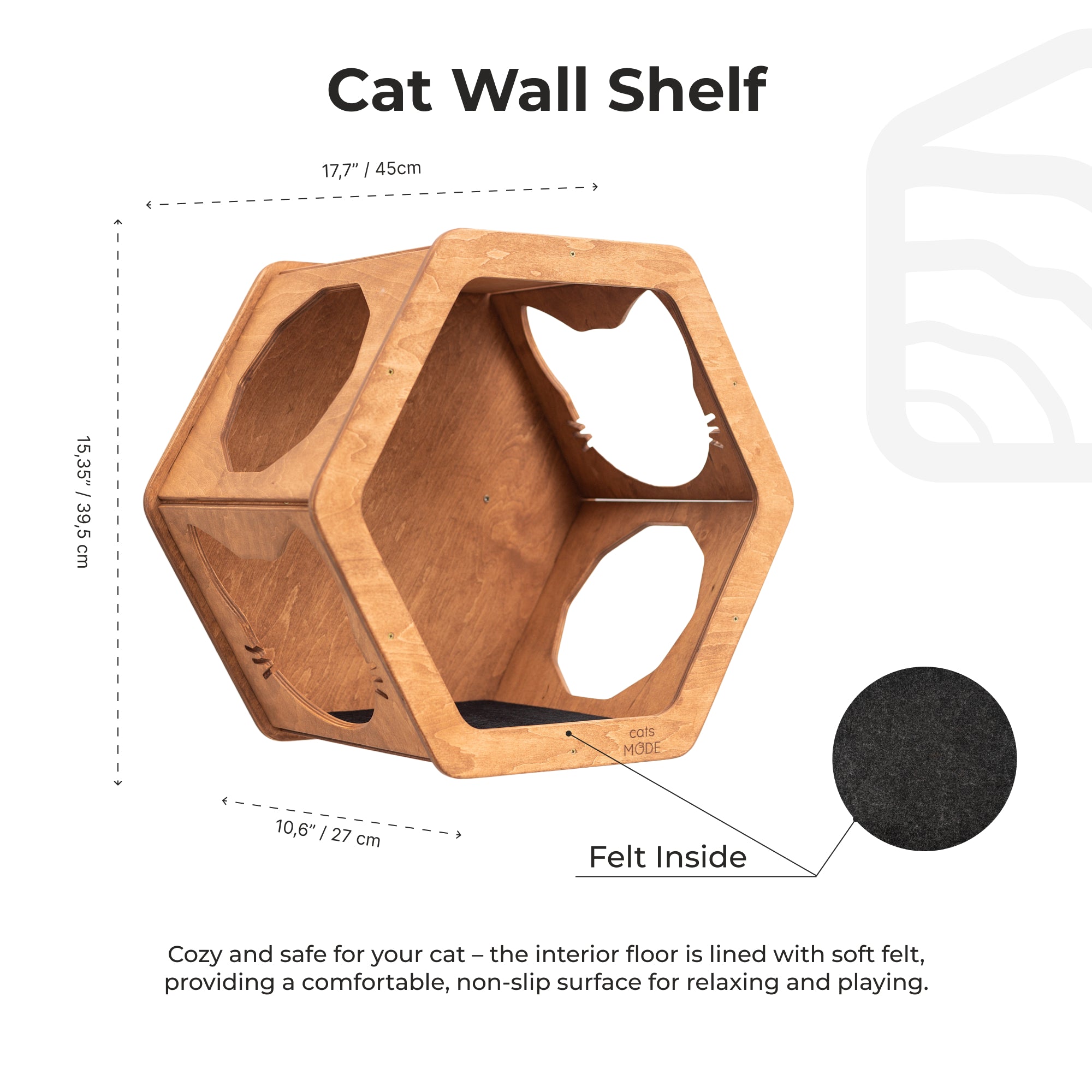 Wooden cat wall shelf with dimensions and felt lining information on a white background