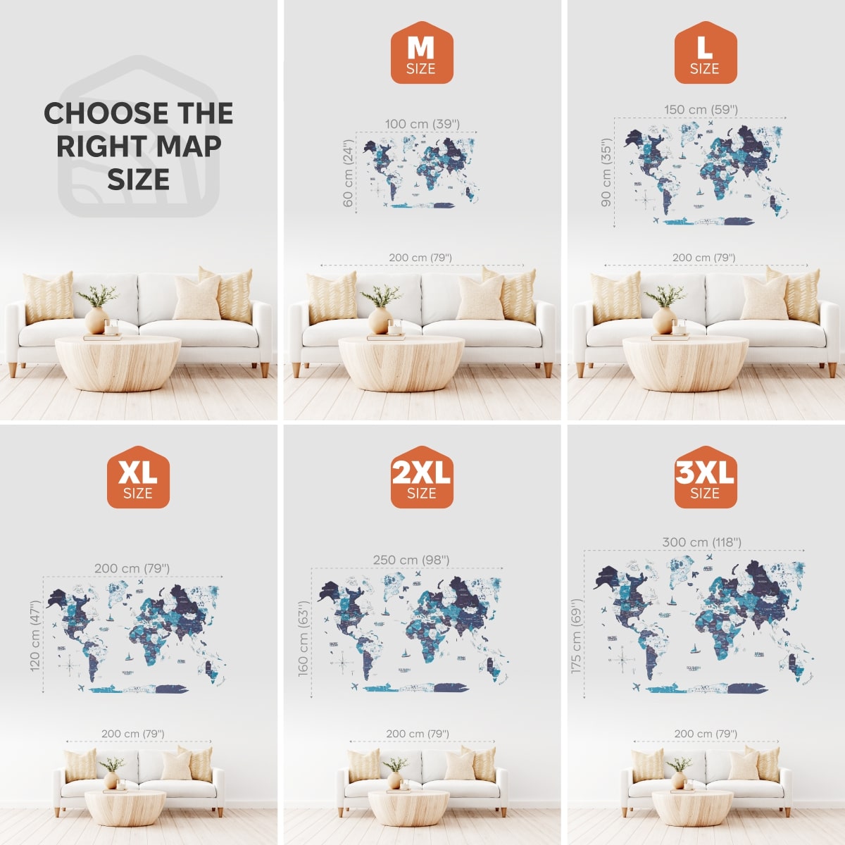Collage of world map wall decal sizes with corresponding dimensions in a living room setting.