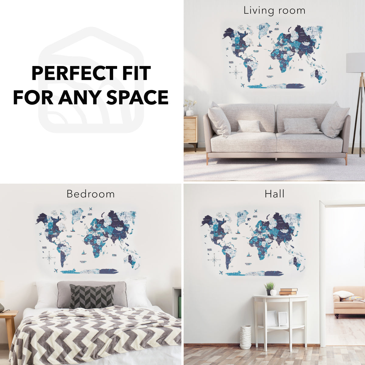 World map wall art displayed in various rooms with text 'Perfect Fit for Any Space'.