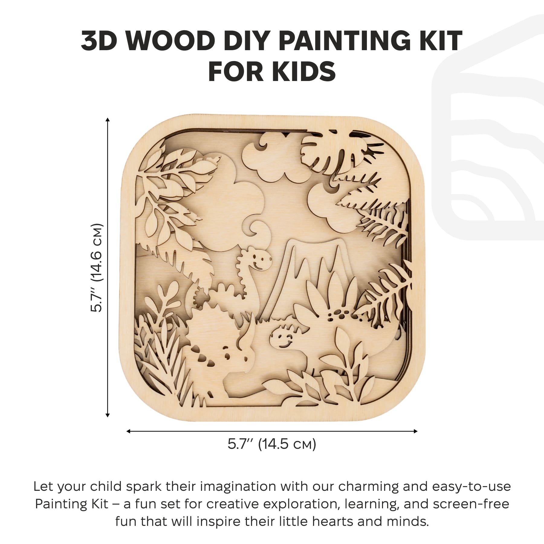 3D wood DIY painting kit for kids with dimensions and description text.