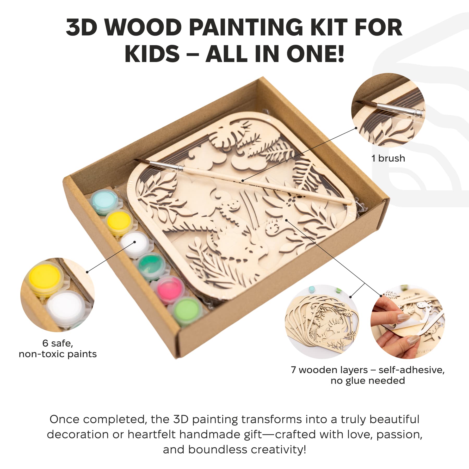 3D wood painting kit for kids with wooden pieces, paints, and brush in a box.