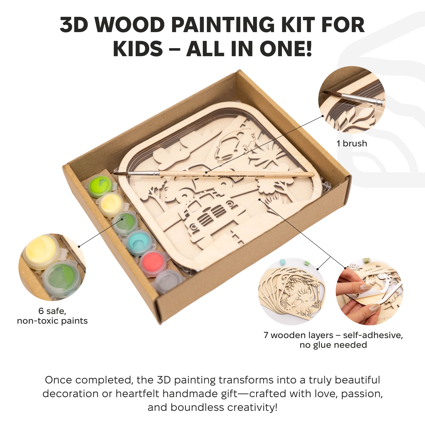 3D wood painting kit for kids with wooden board, paintbrush, and paints in packaging