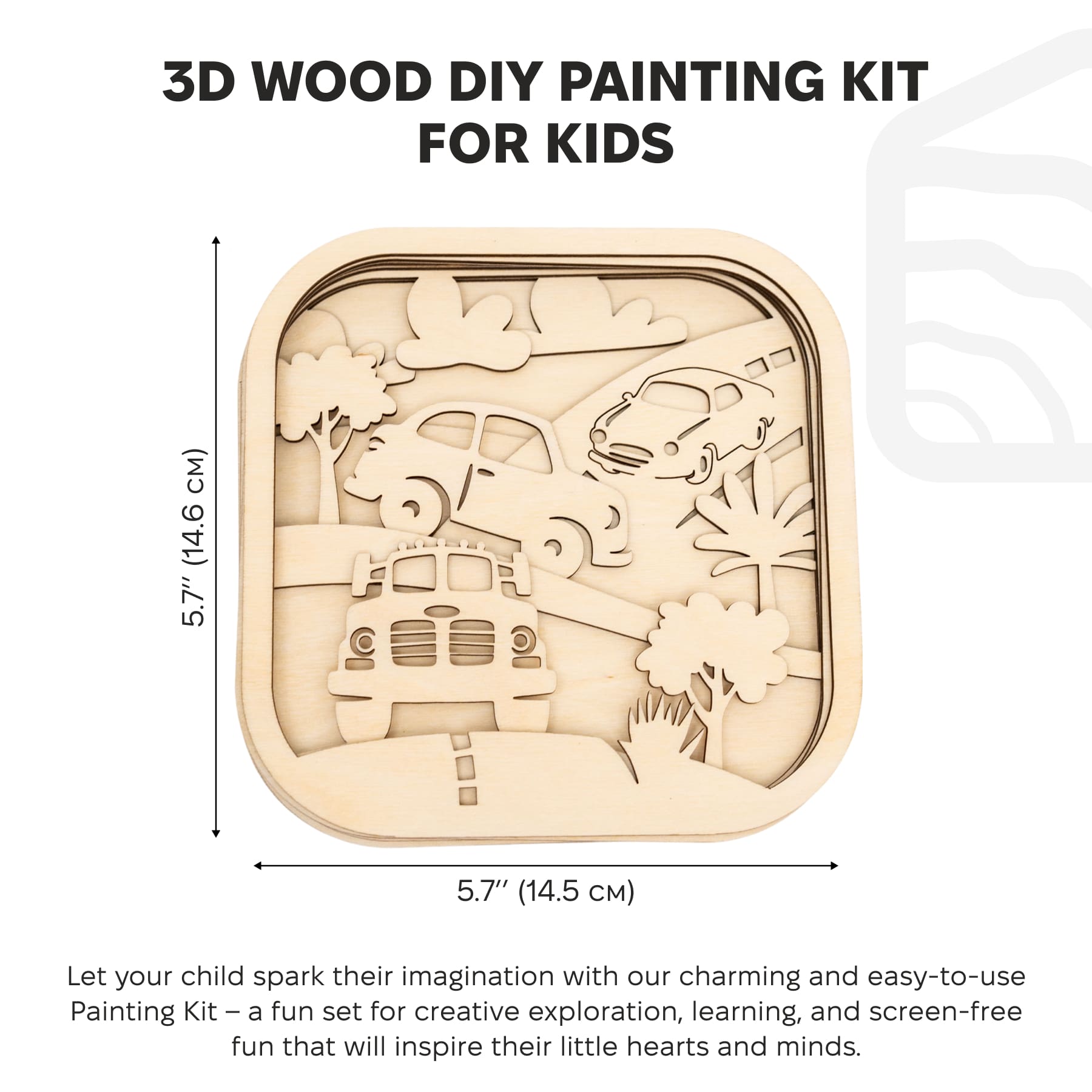 3D wood DIY painting kit for kids with dimensions and description text.