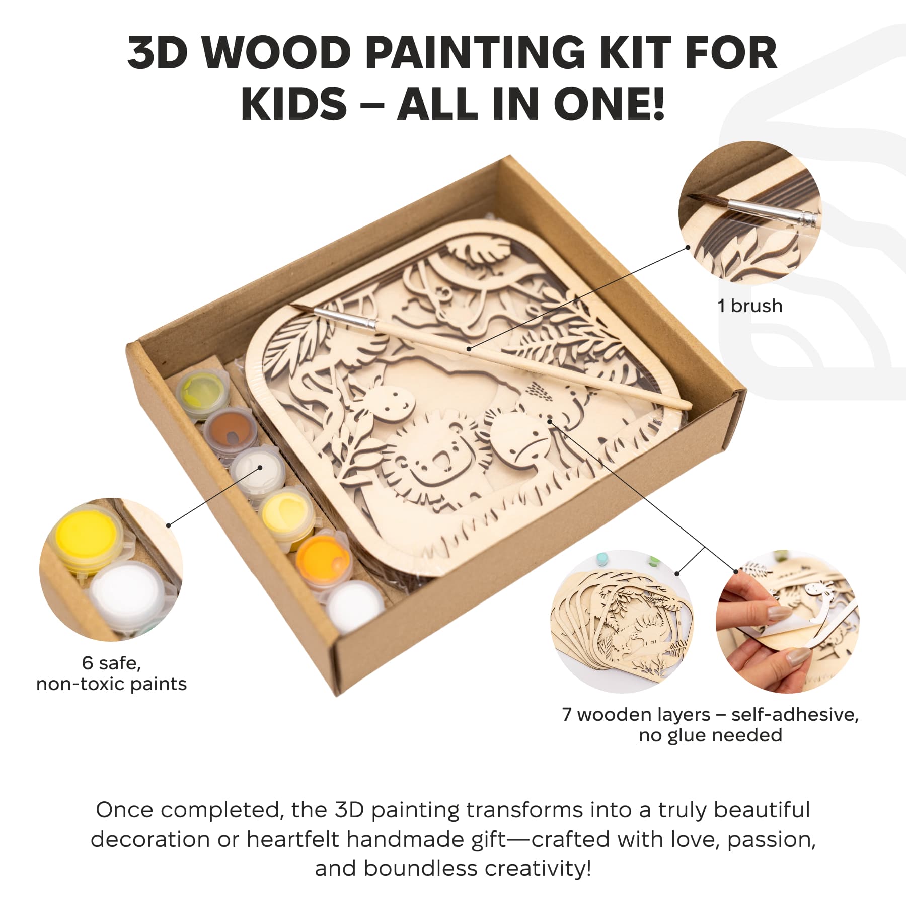 3D wood painting kit for kids with wooden board, paints, and brush in packaging