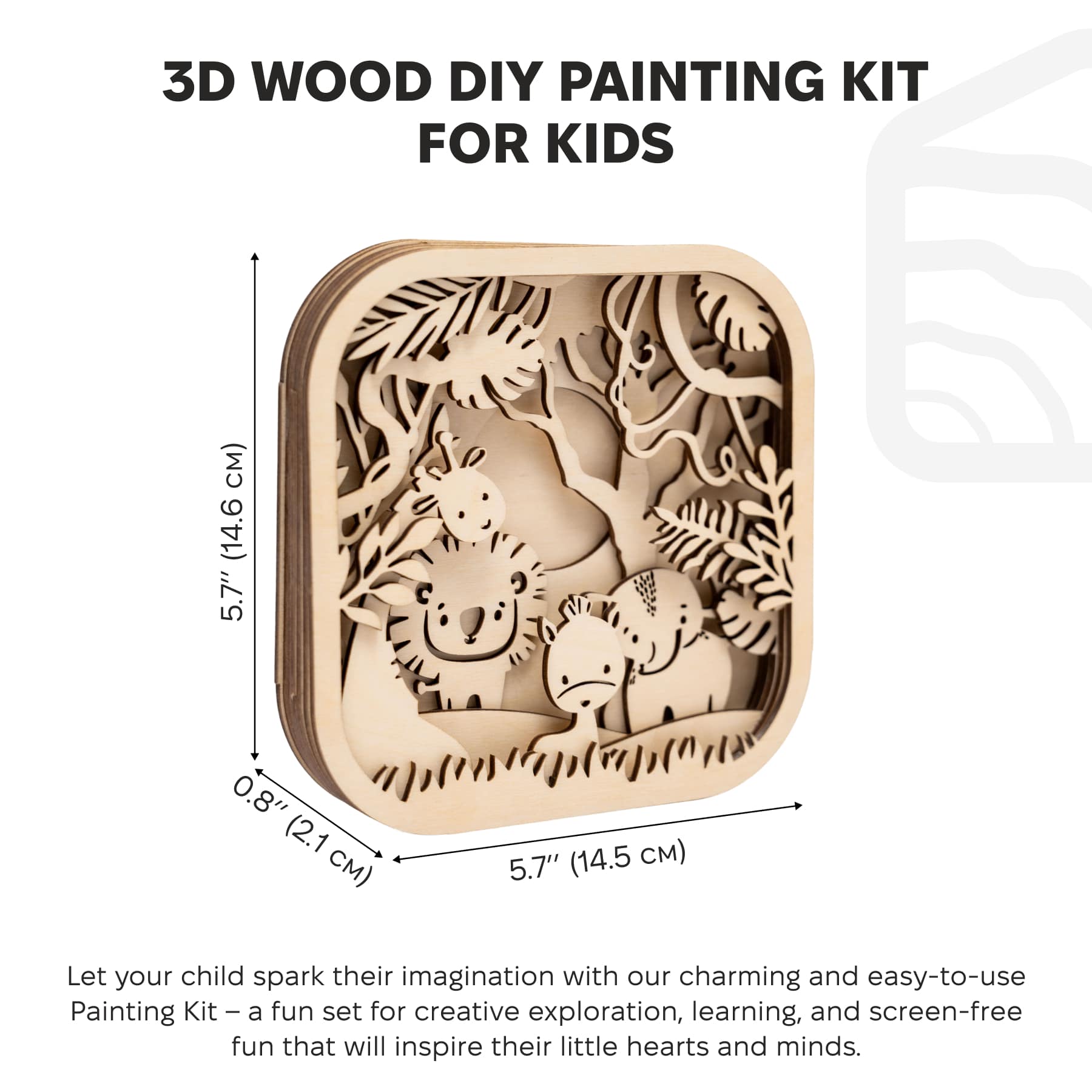 3D wood DIY painting kit for kids with dimensions and product description.