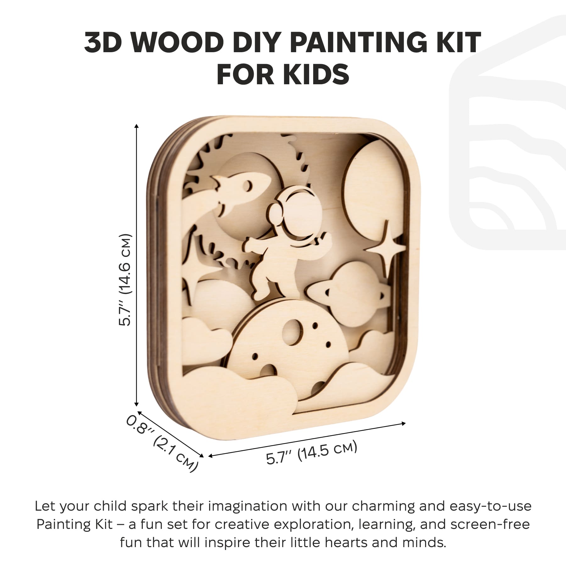 3D wood DIY painting kit for kids with wooden animals and packaging dimensions on a white background.