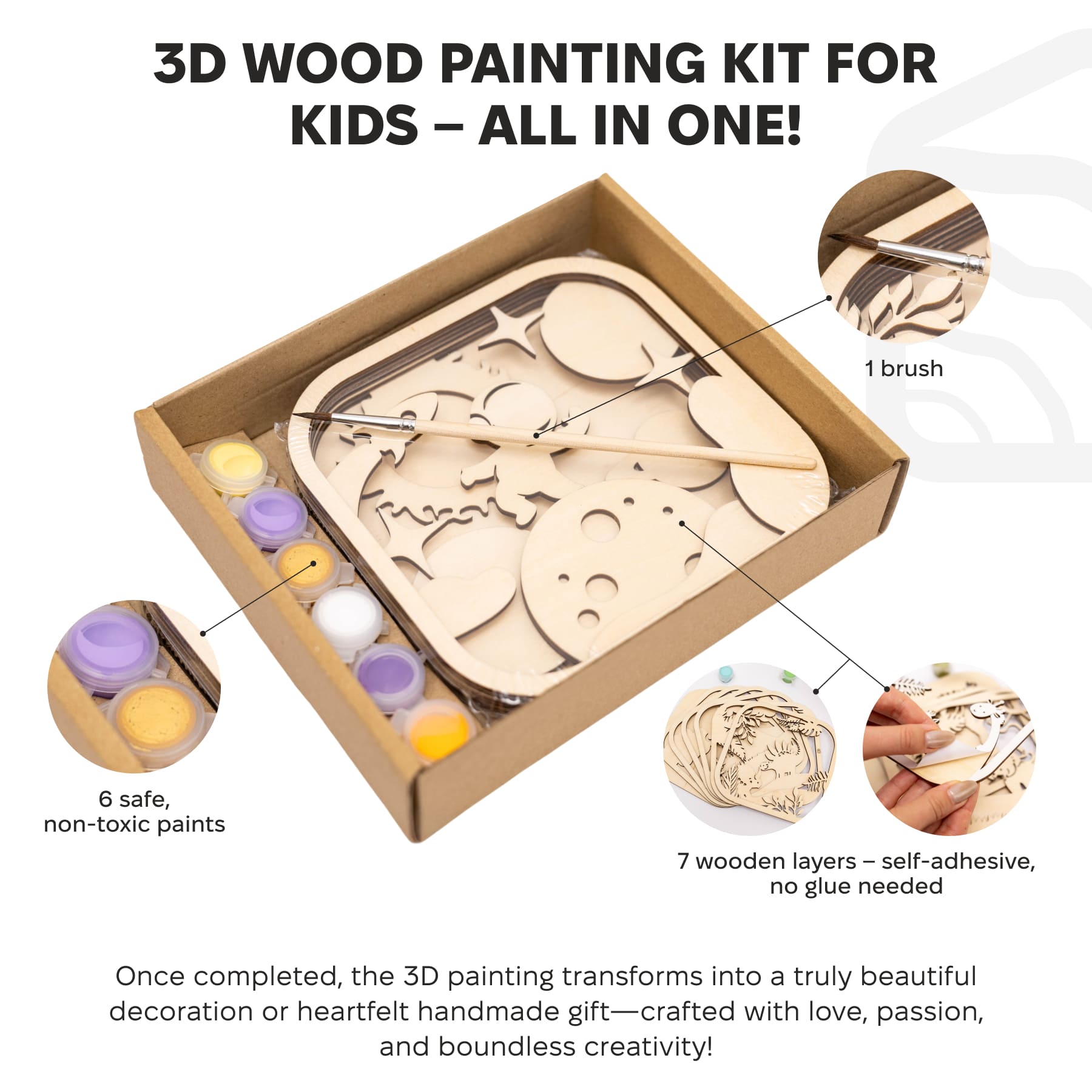 3D wood painting kit for kids with wooden pieces, paints, and a brush in an open box.